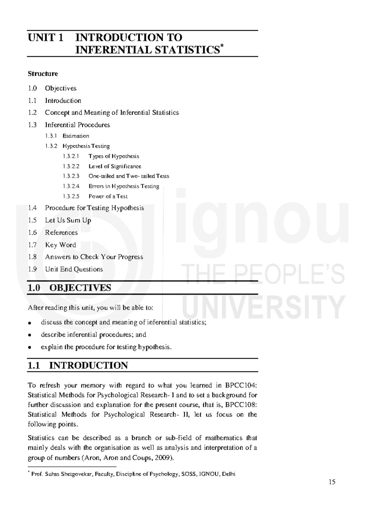 Unit 1: Introduction to Inferential Statistics (BPCC108) - Studocu