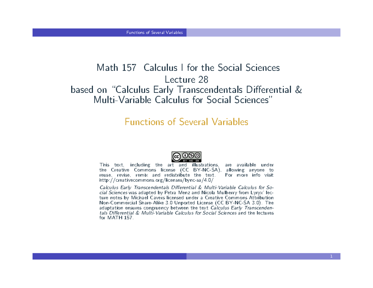 Functions of Several Variables MATH 157 Calculus I Lecture 28 Notes ...