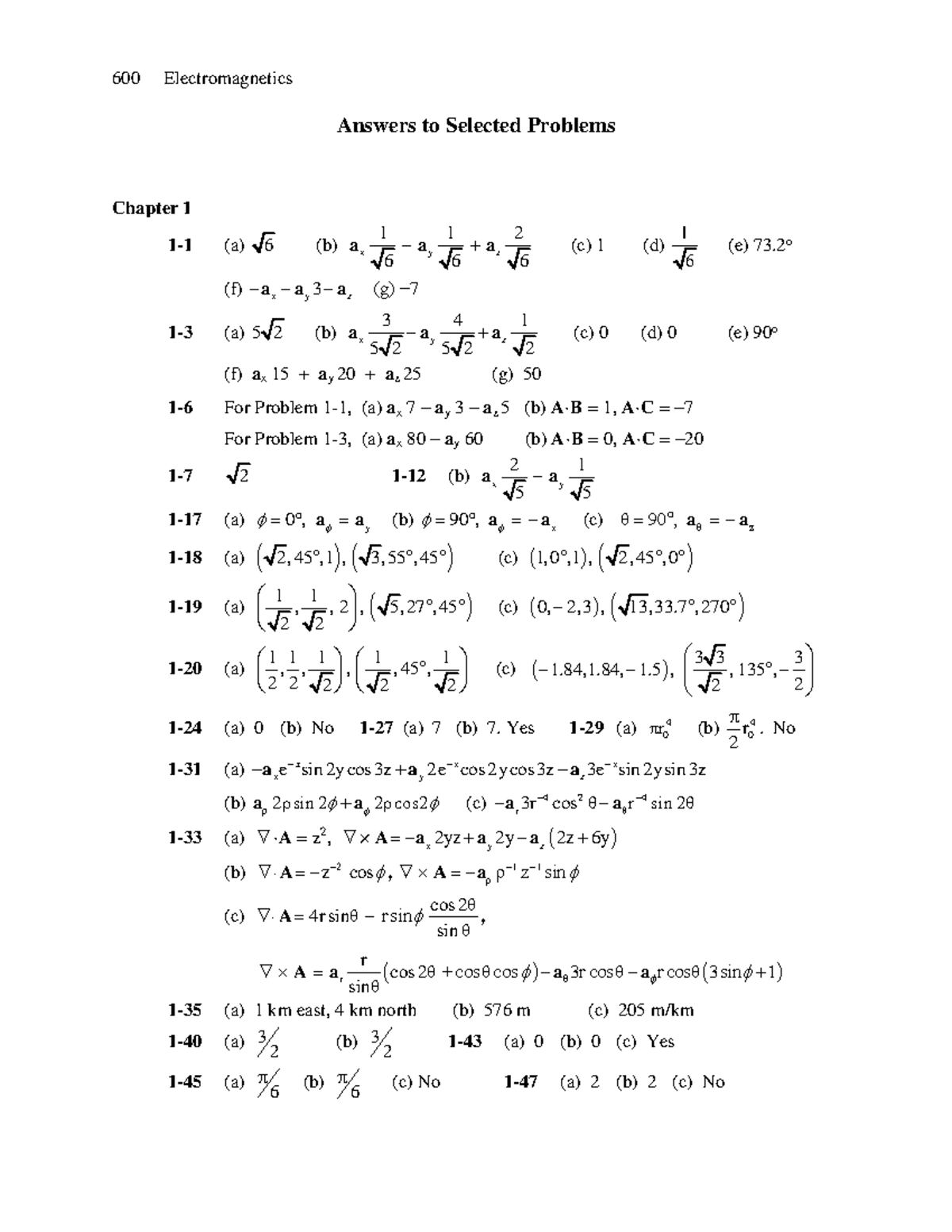 Electromagnetics (600) - Answers to Selected Problems (Chapters 1-9 ...