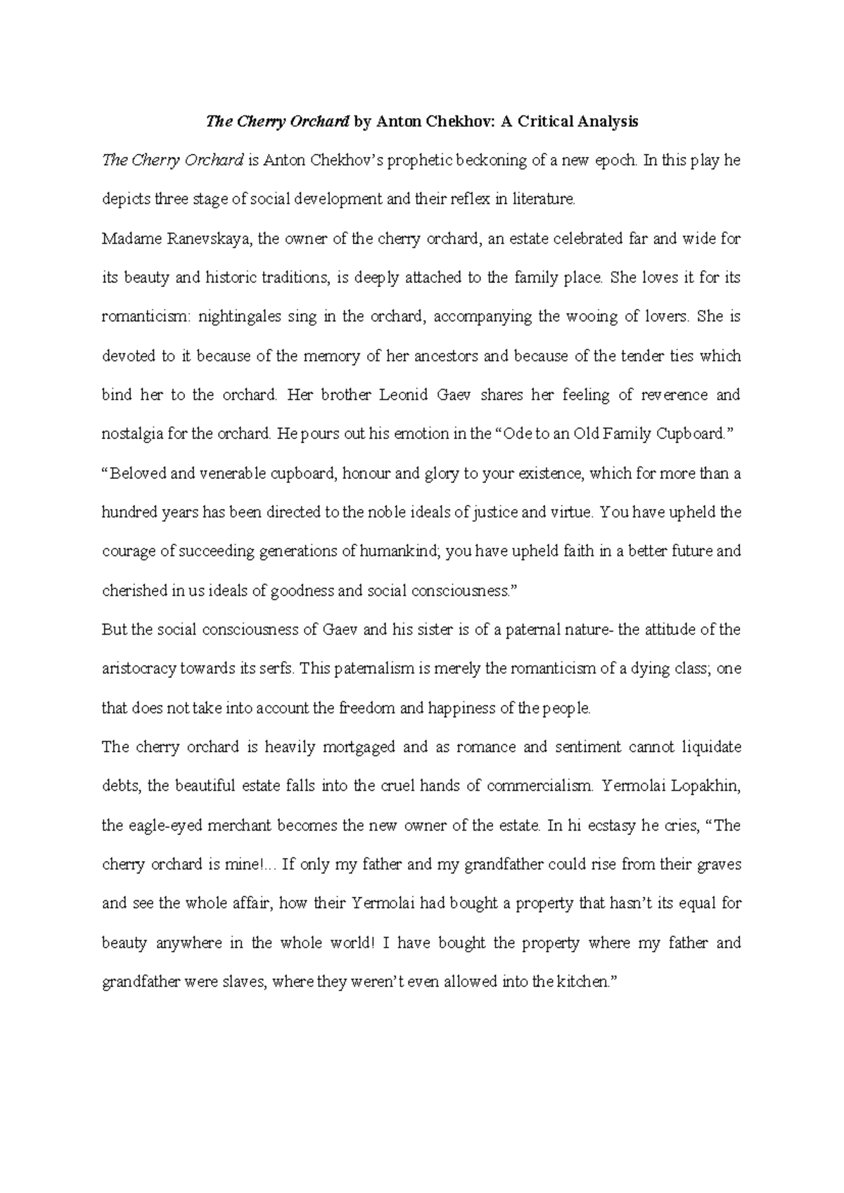Critical Analysis of Chekhov's The Cherry Orchard - abcd - Studocu