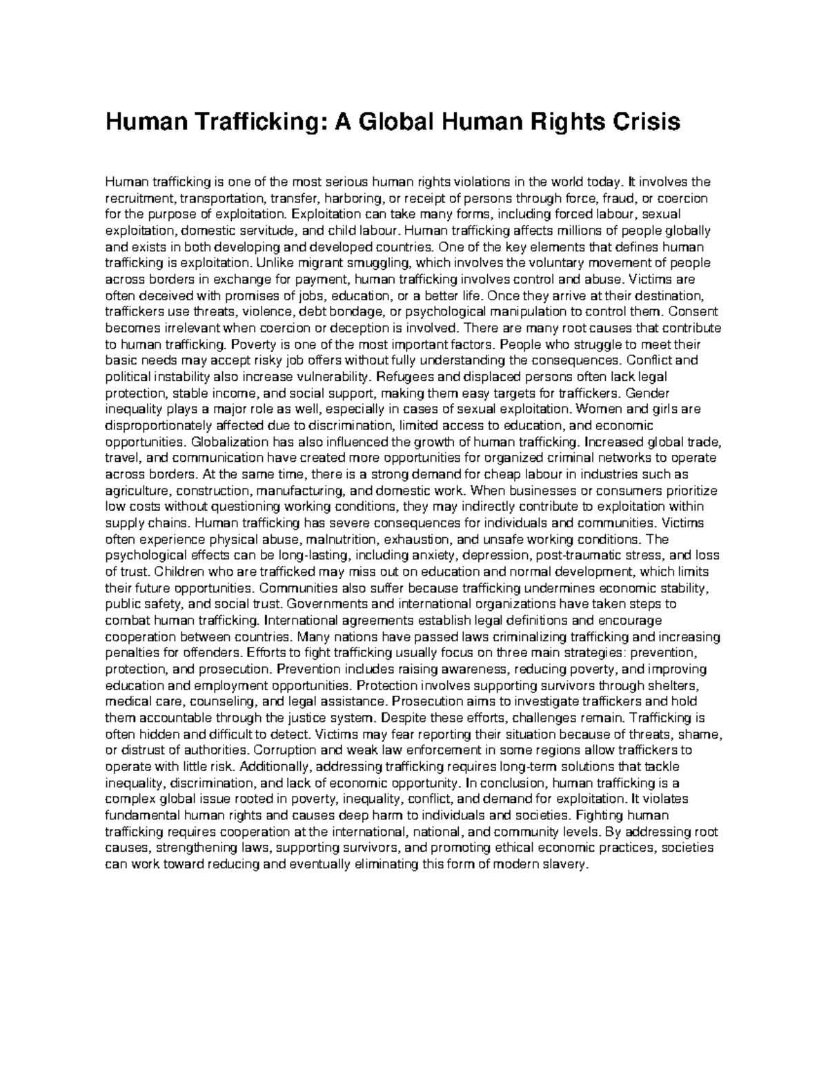 Human Trafficking: A Global Human Rights Crisis Essay - Studocu