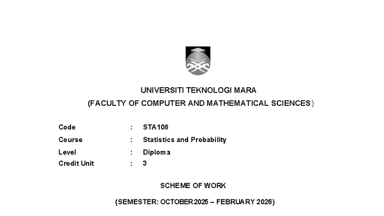 Scheme of Work for STA108: Statistics & Probability (Oct 2025 - Feb ...