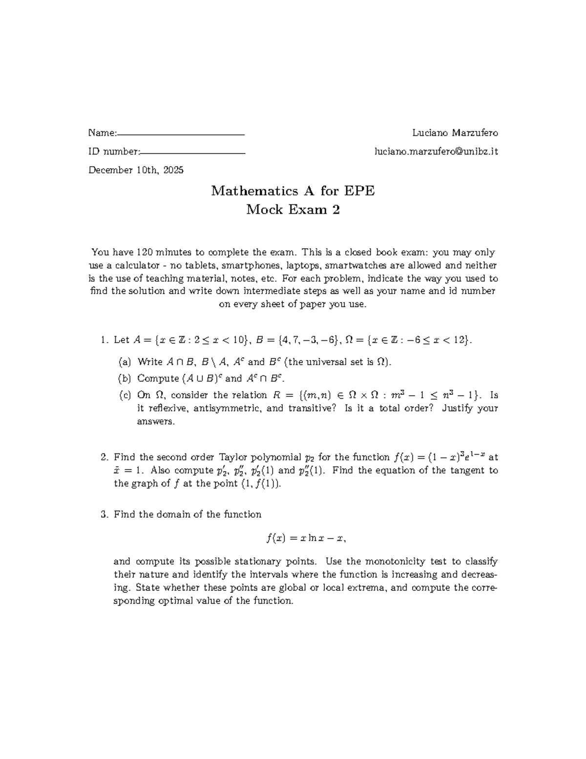 Mathematics A for EPE Mock Exam 2 (Dec 10, 2025) - Studocu