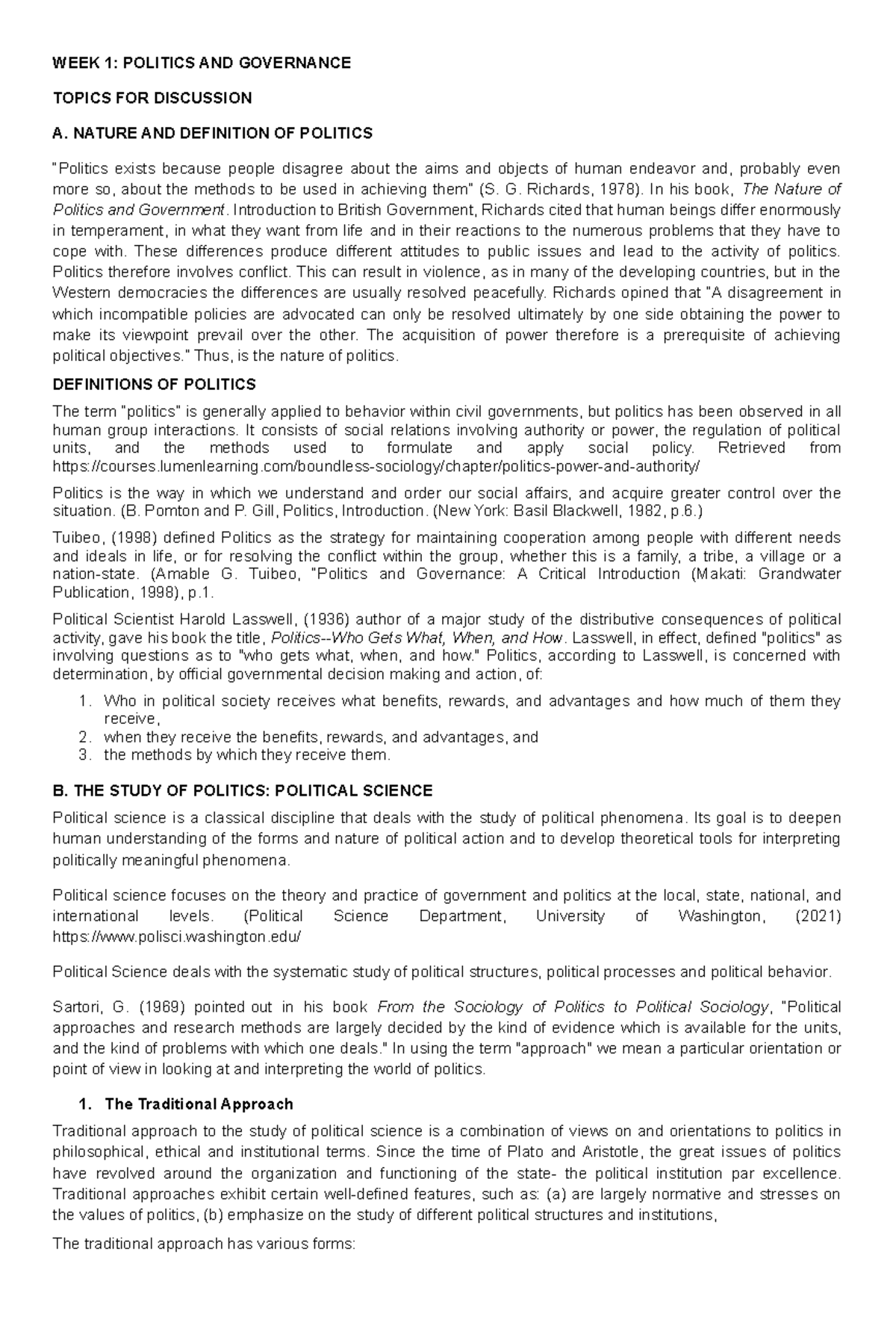 WEEK 1 Politics AND Governance - WEEK 1: POLITICS AND GOVERNANCE TOPICS ...