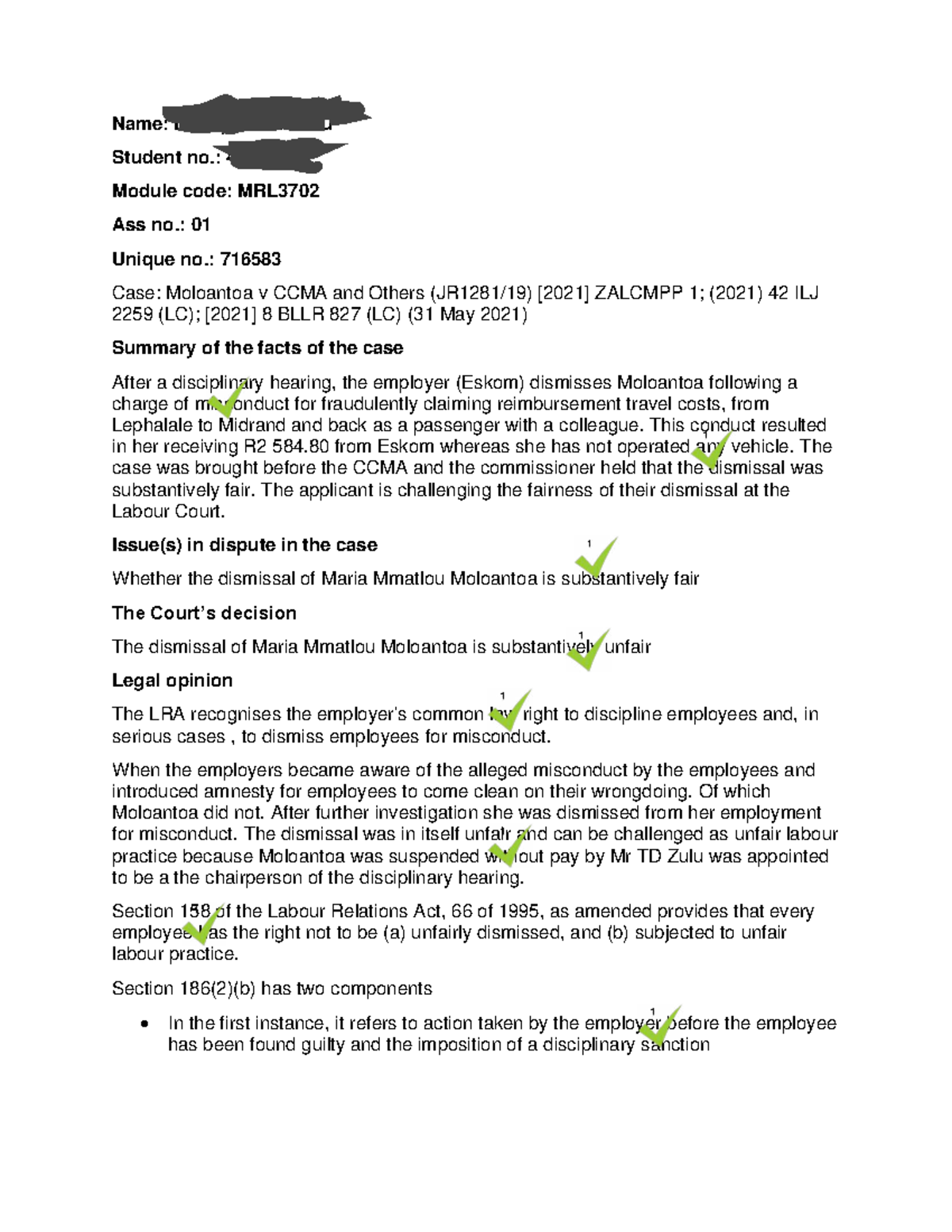 MRL3702 Case Study: Moloantoa v CCMA - Dismissal Fairness Analysis ...