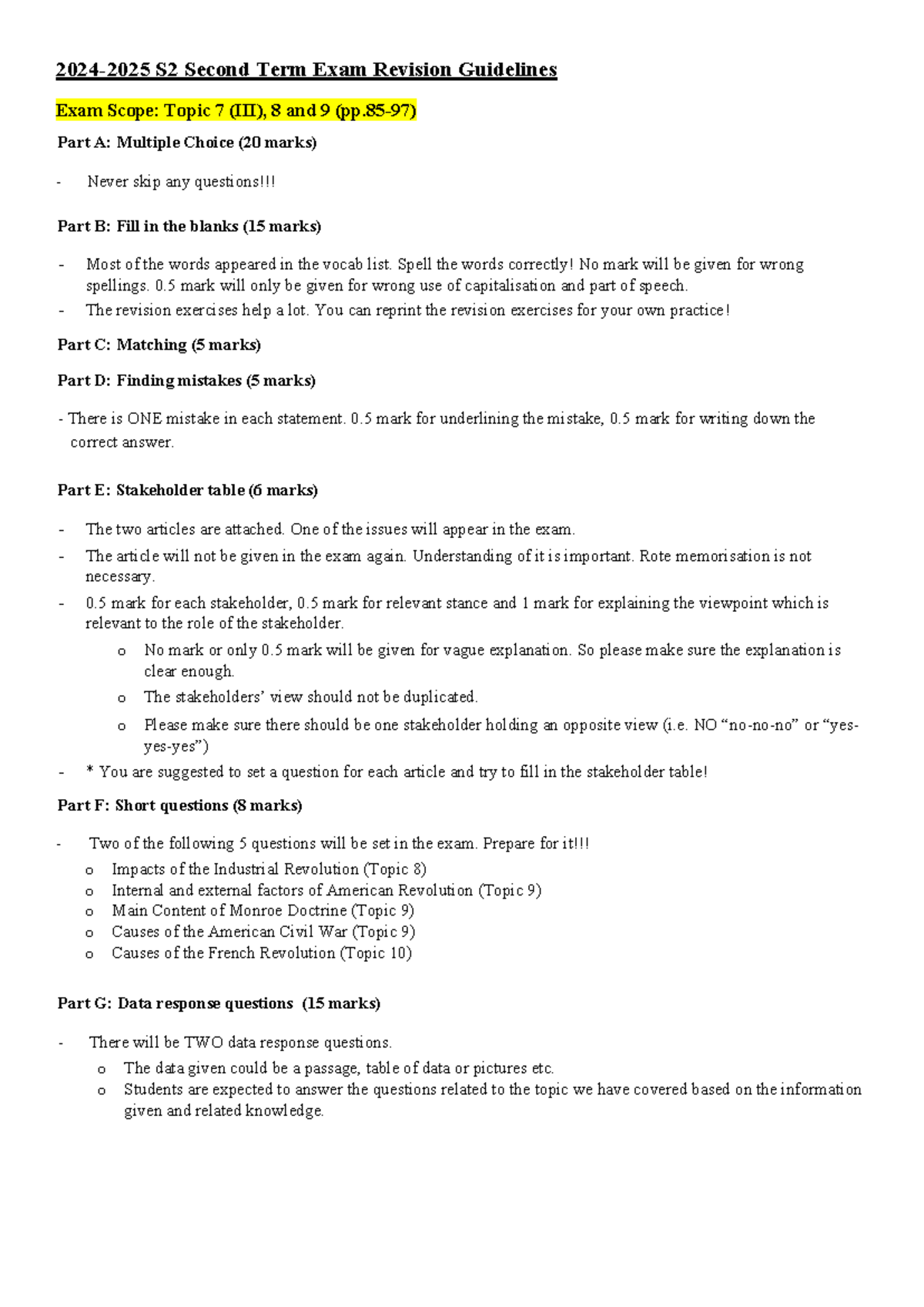 2024-2025 S2 Second Term Exam Revision Guidelines: Topics 7-10 - Studocu