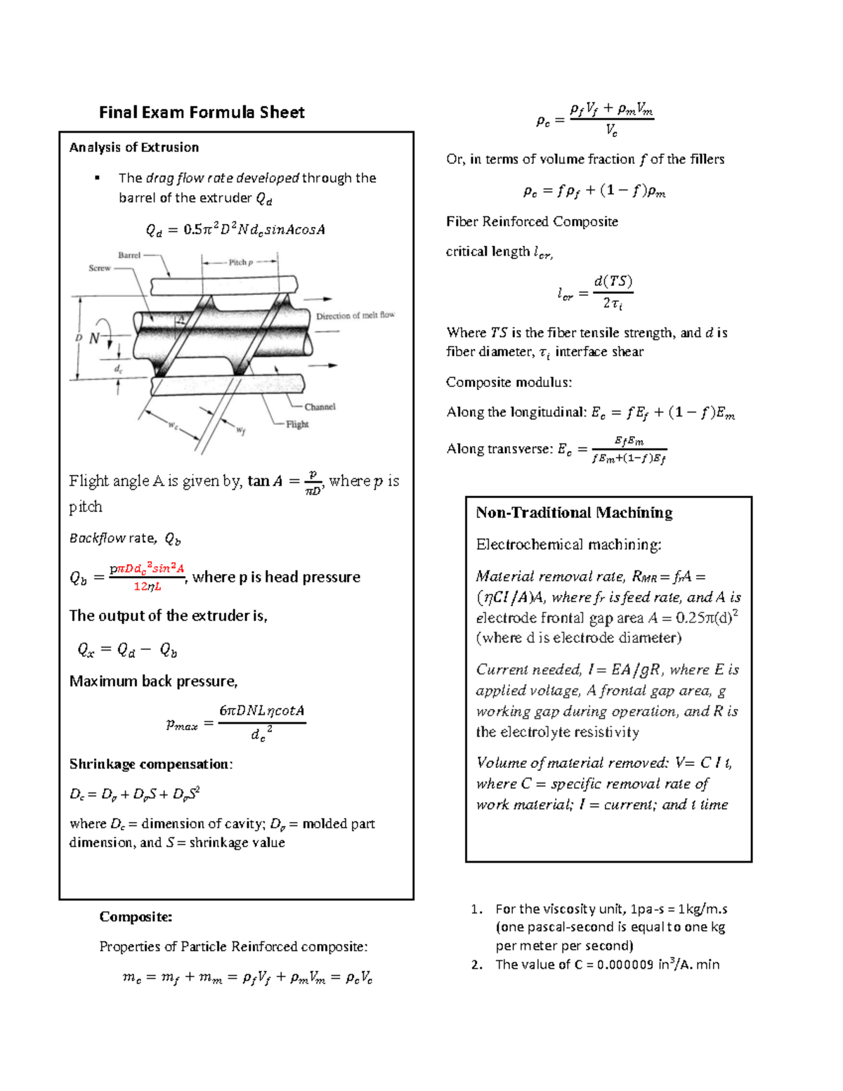 Final Exam Formula Sheet for 𝜌𝑐 Analysis in Extrusion Processes - Studocu