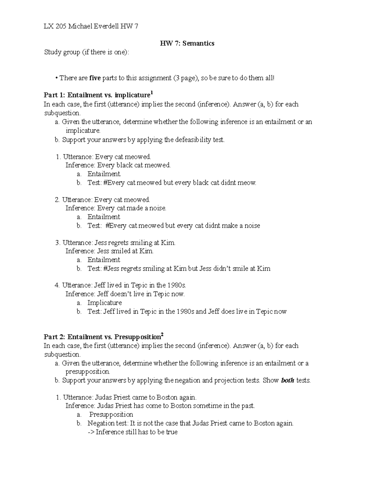 LX 205 Michael Everdell HW 7: Semantics Assignment Analysis - Studocu
