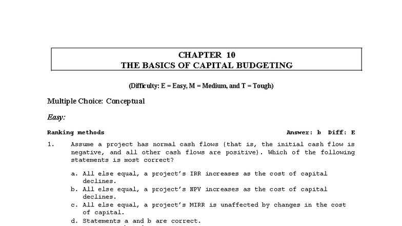 (11) Capital Budgeting MCQ1 - CHAPTER 10 THE BASICS OF CAPITAL ...