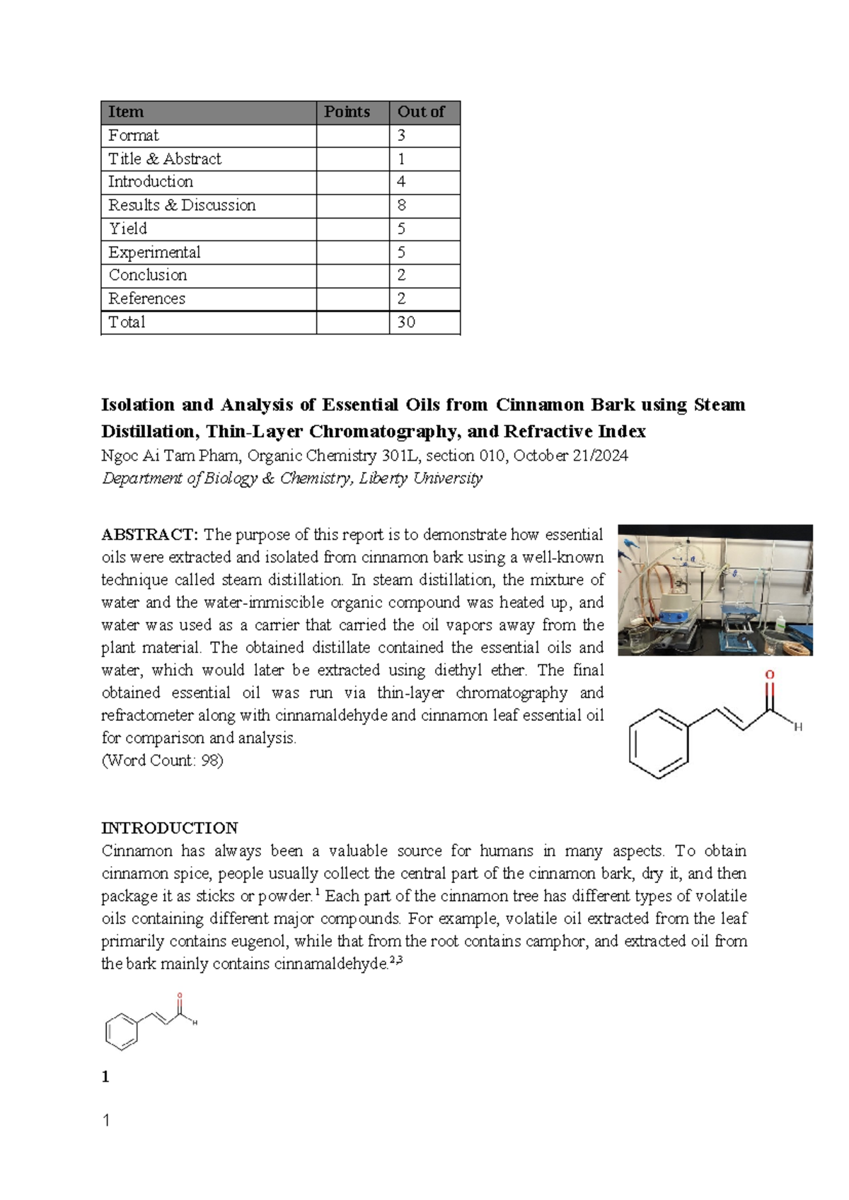Organic Chemistry 301L Lab Report: Essential Oil Isolation & Analysis ...