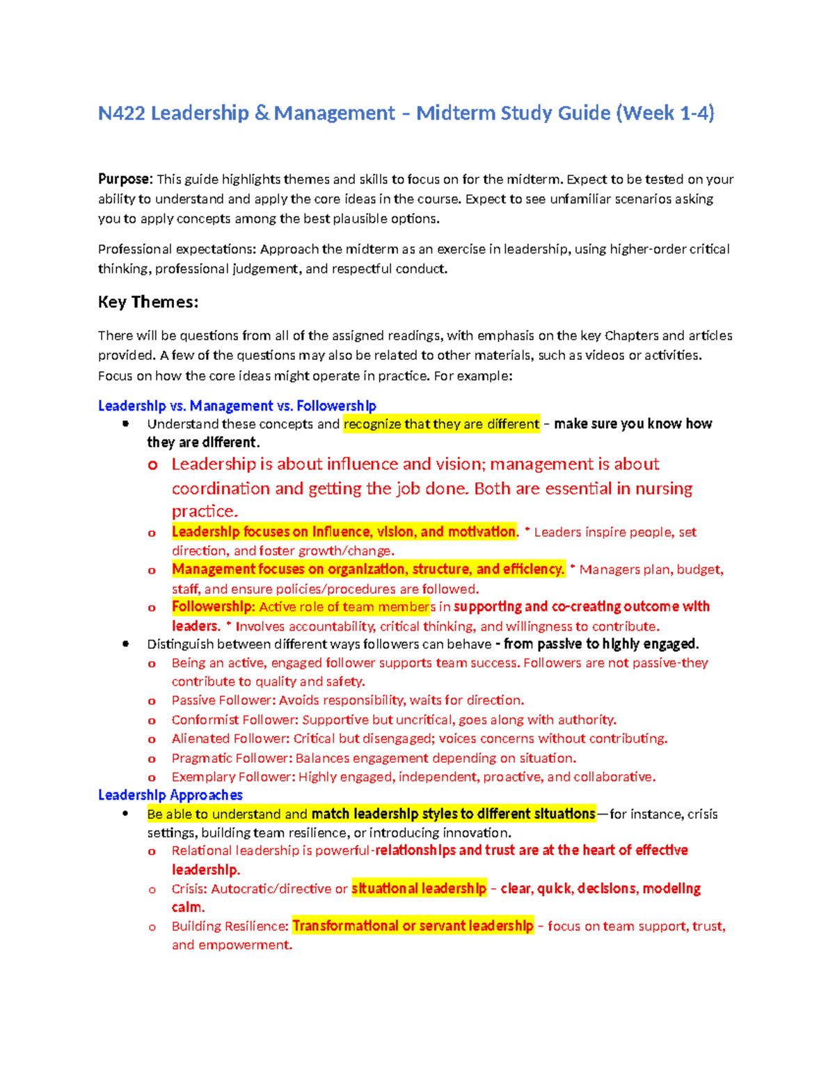 N422 Leadership Management Midterm Study Guide: Key Themes & Strategies ...