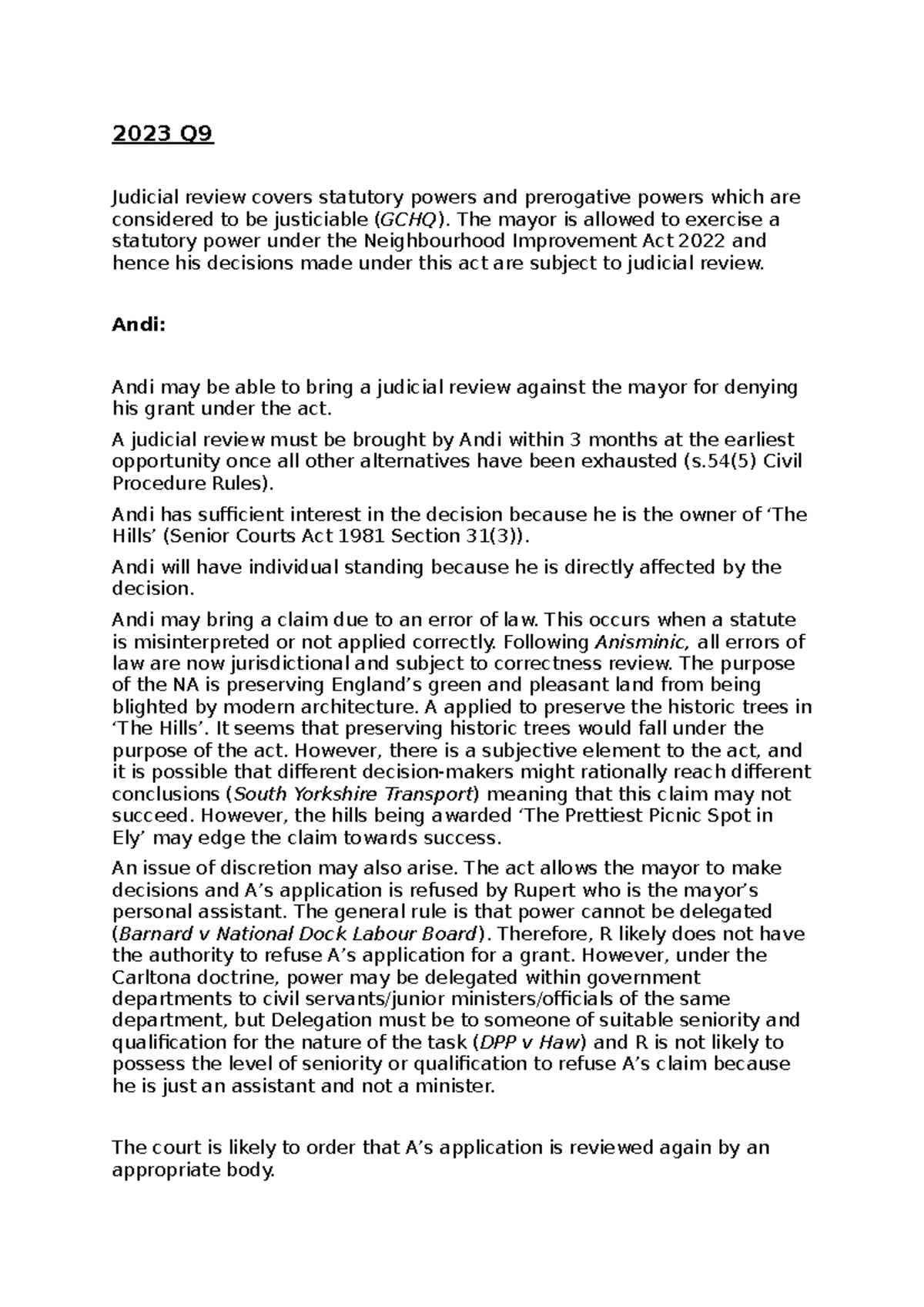 2023 Q9 - Judicial Review of Statutory Powers and Prerogative Rights ...