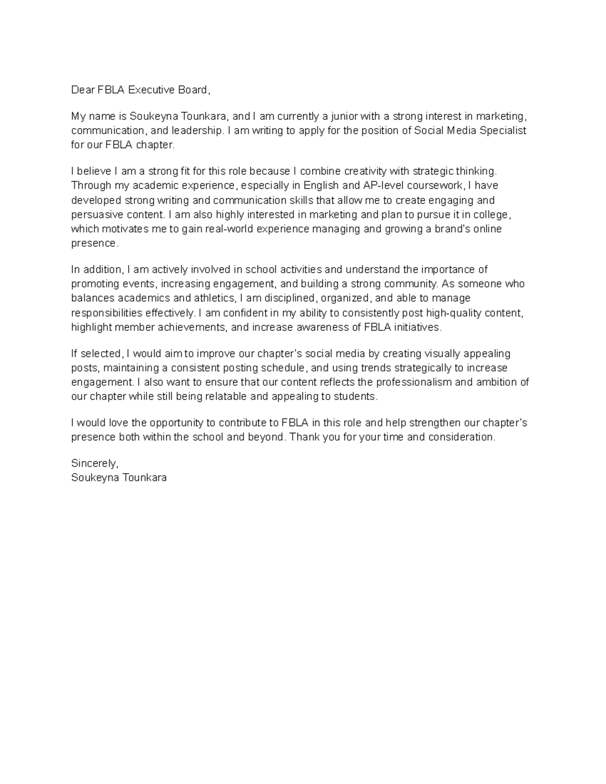 FBLA Social Media Specialist Application - Soukeyna Tounkara - Studocu