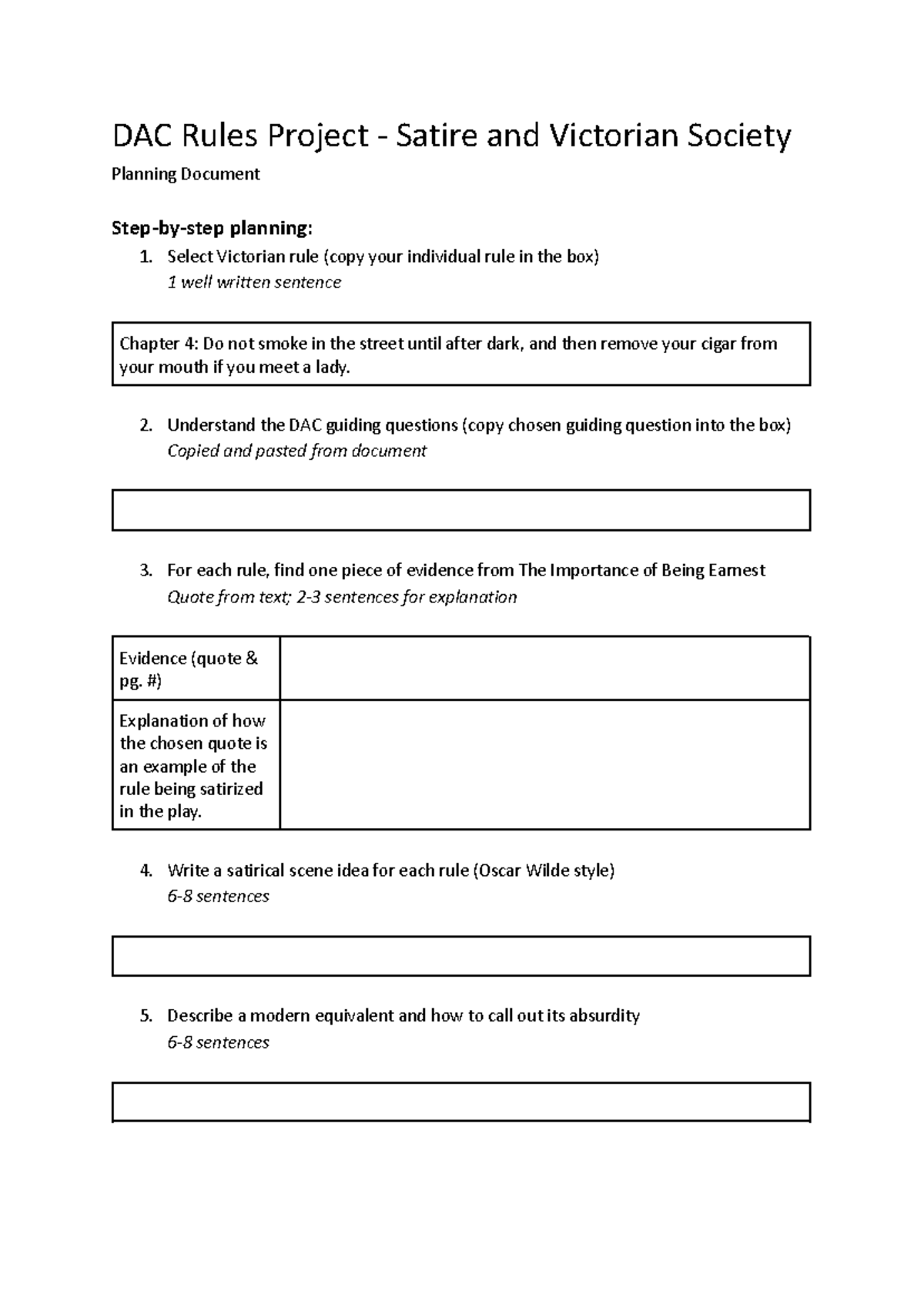 DAC Rules Project: Satire in Victorian Society Planning Document - Studocu