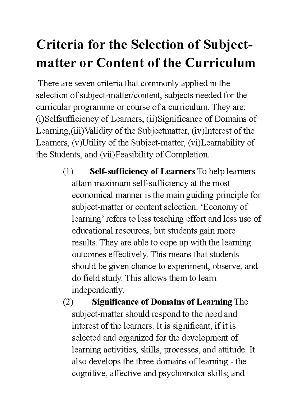 Curriculum Subject Selection Criteria for Effective Learning - Studocu
