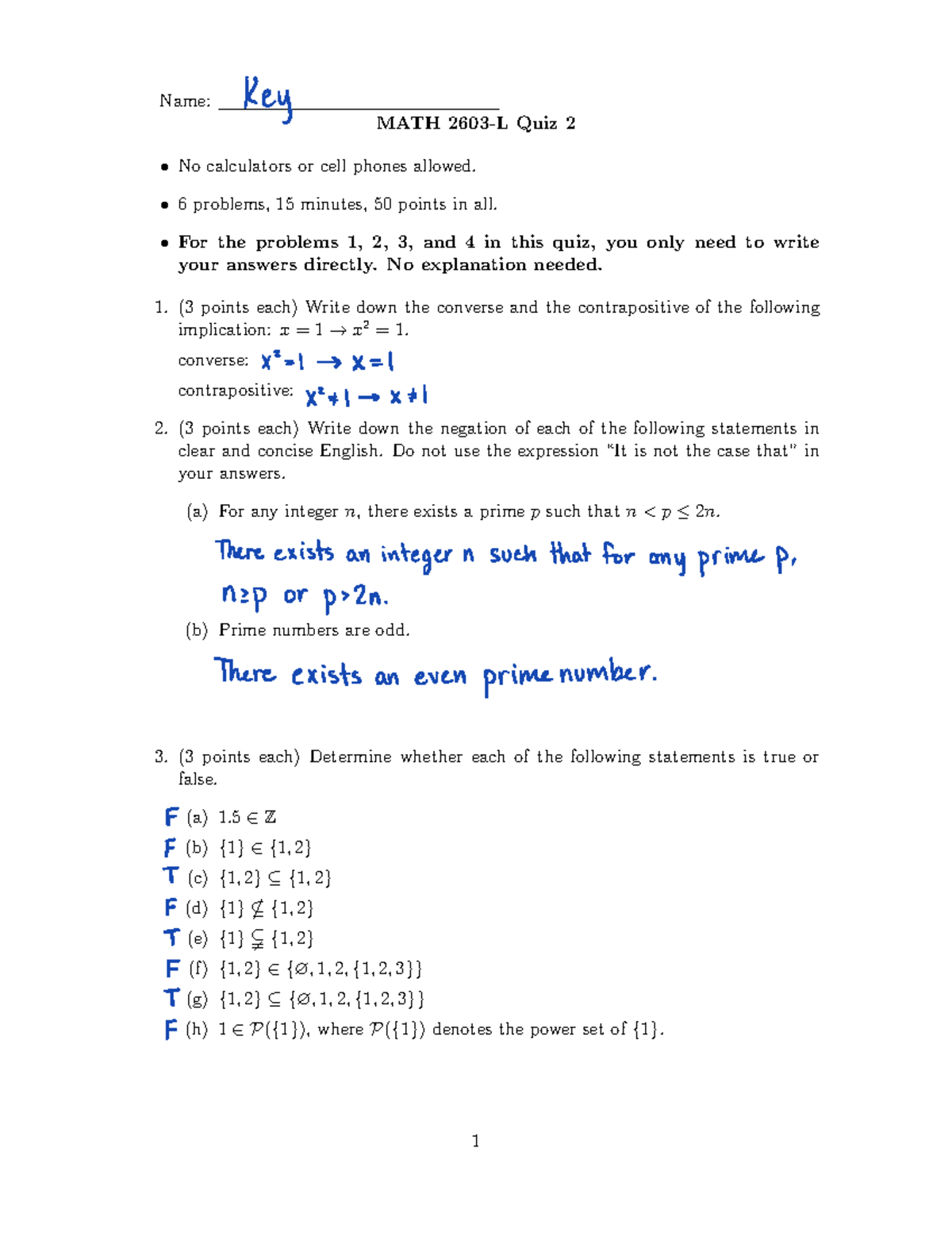 MATH 101 Quiz 2 Key: Practice Problems & Solutions (No Calculators ...