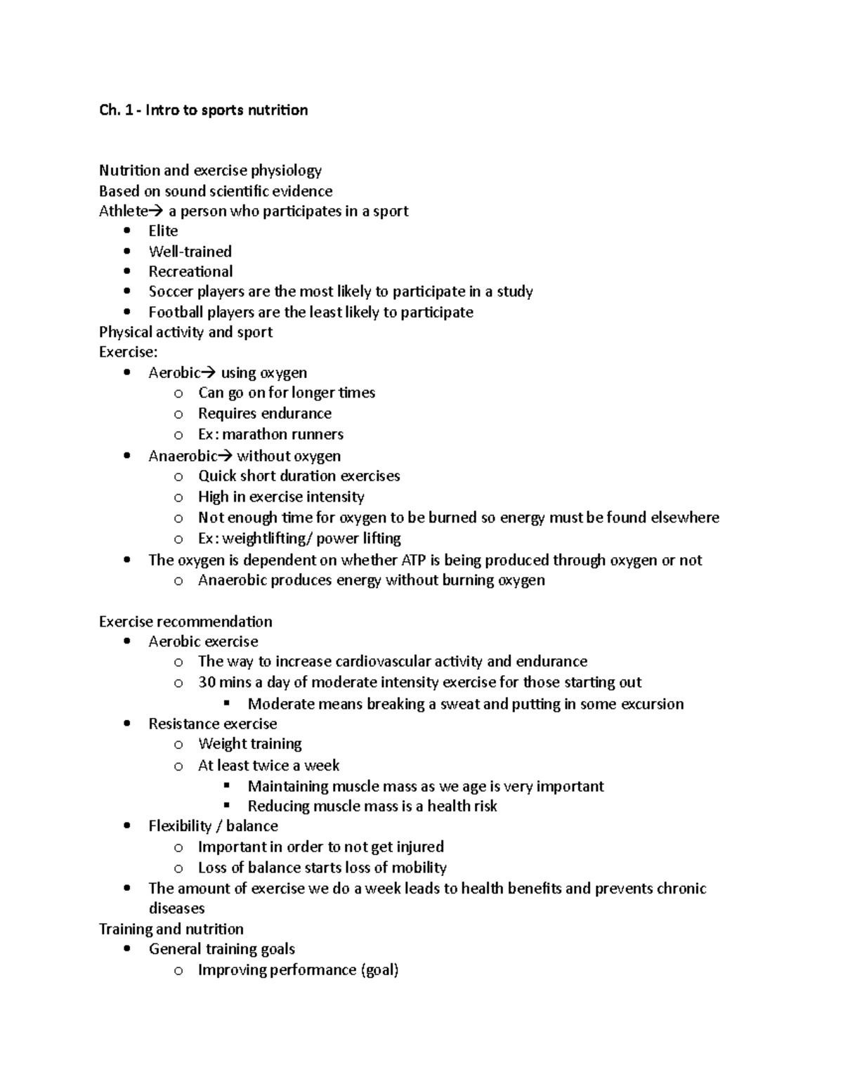 Ch. 1 notes - Ch. 1 - Intro to sports nutrition Nutrition and exercise ...