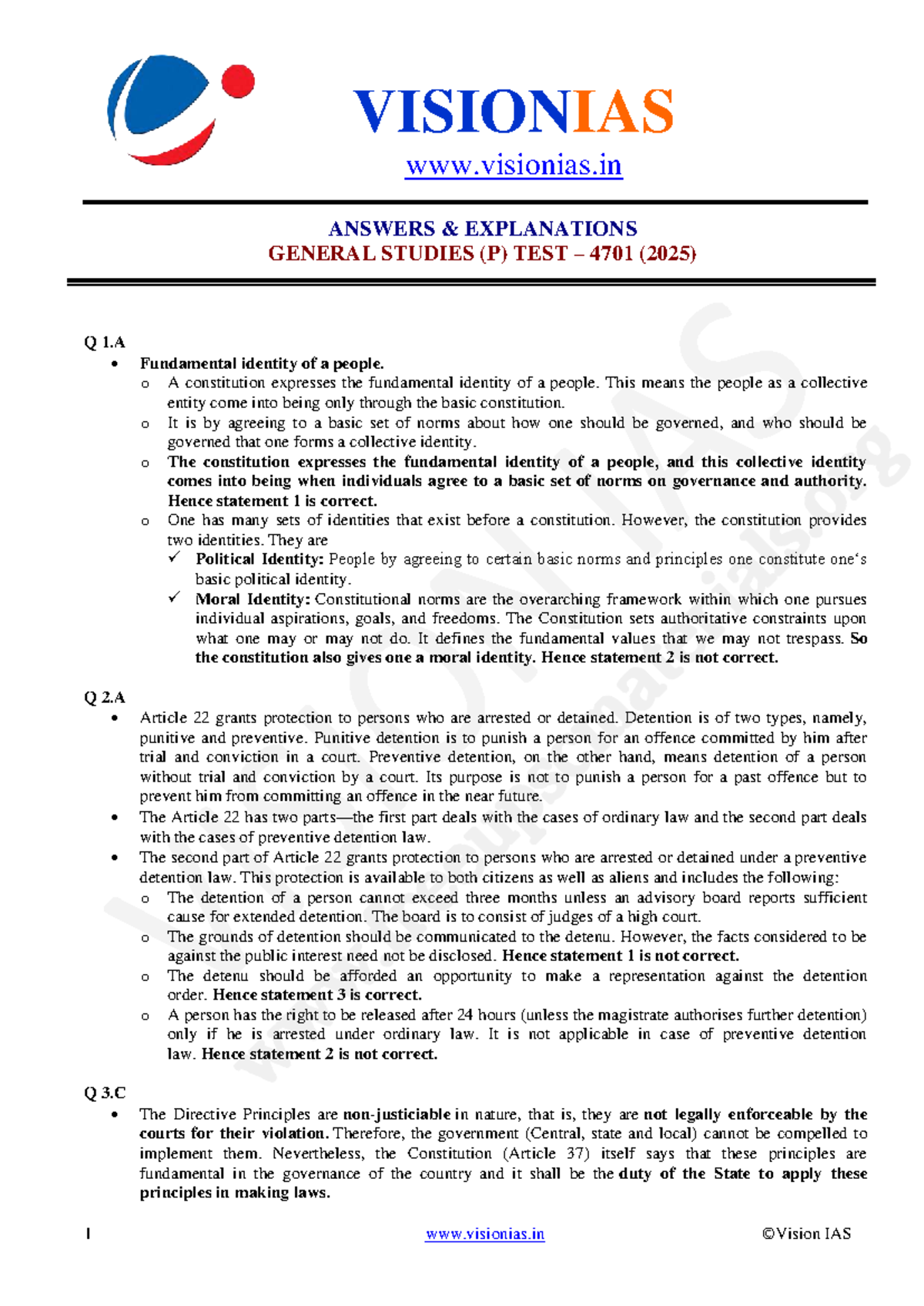 Vision IAS General Studies (P) Test 4701 Answers & Explanations - Studocu