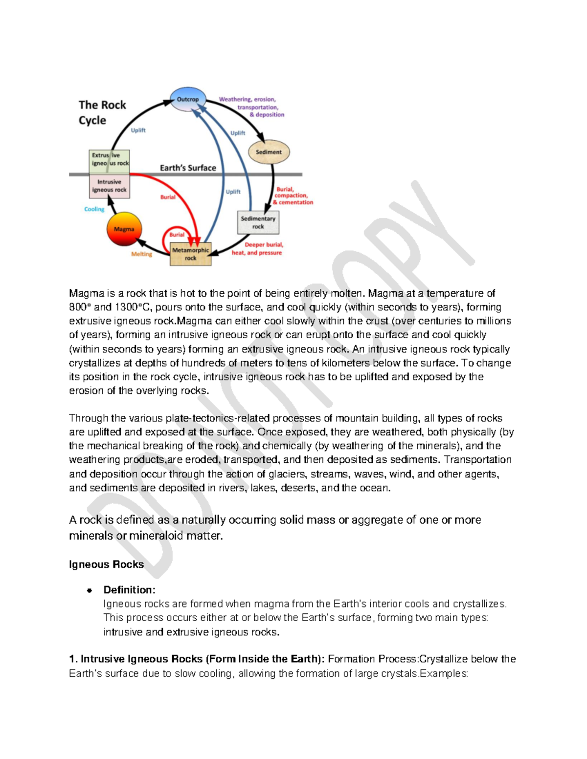 Note geo - Geo note on rock cycle - Magma is a rock that is hot to the ...