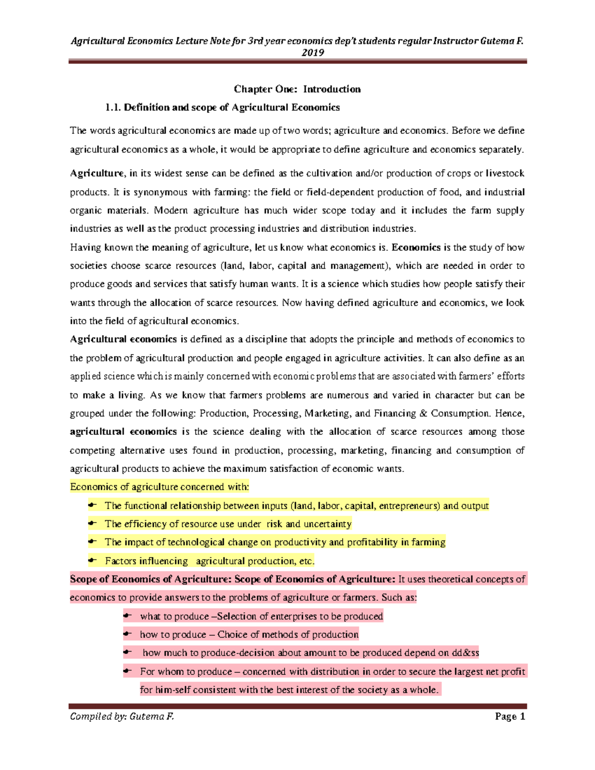 Agr@EC 101 - Chapter 1 Lecture Notes on Agricultural Economics - Studocu