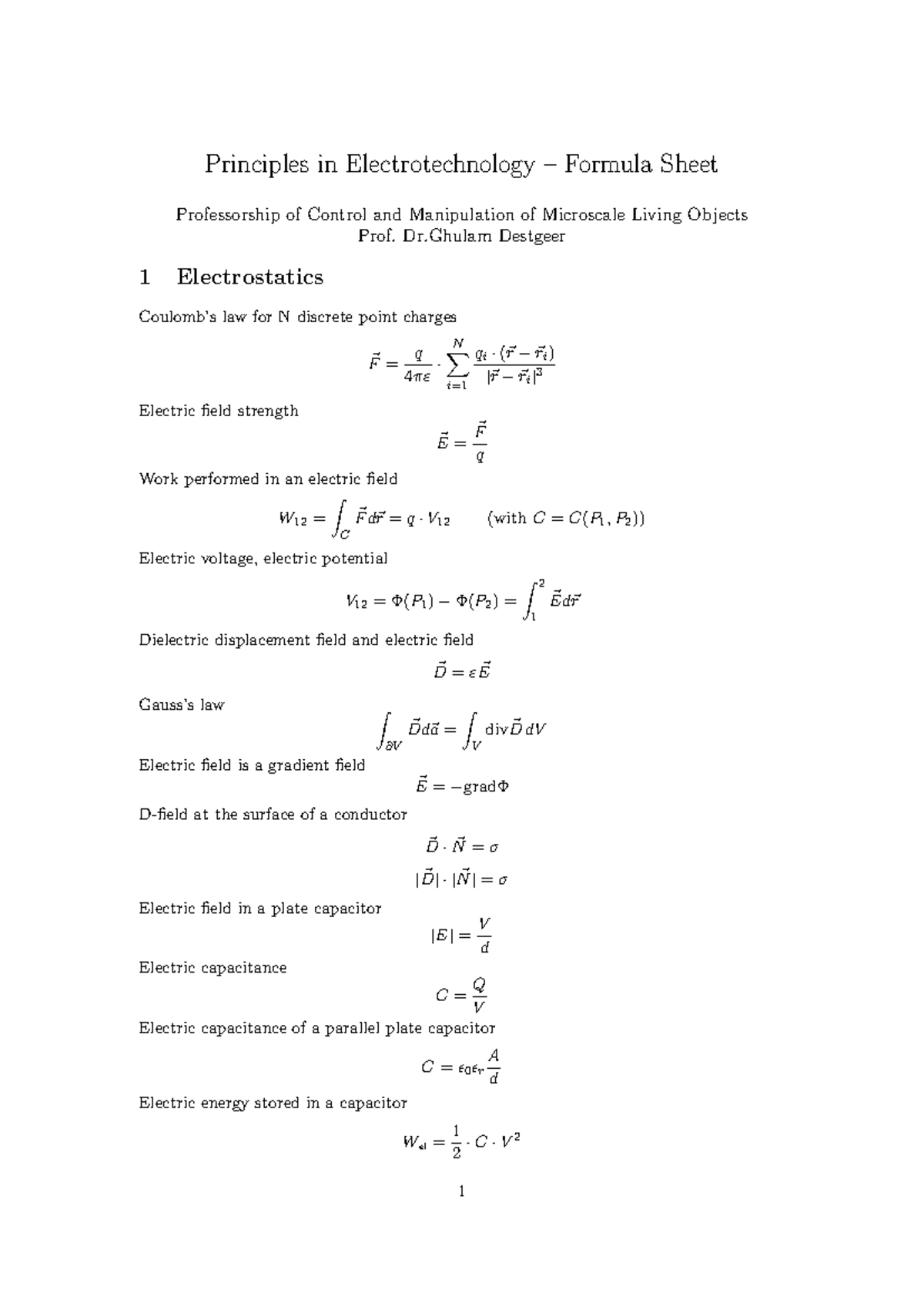 Principles in Electrotechnology - Formula Sheet for Control ...