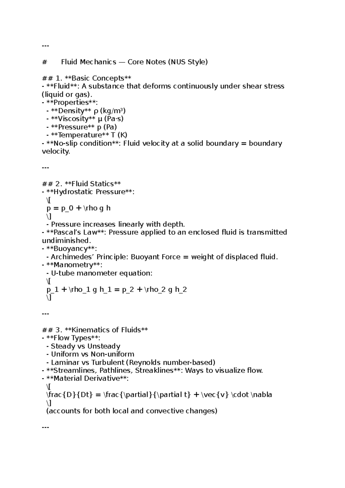 Fluid Mechanics Core Notes (NUS) - Key Concepts and Equations - Studocu