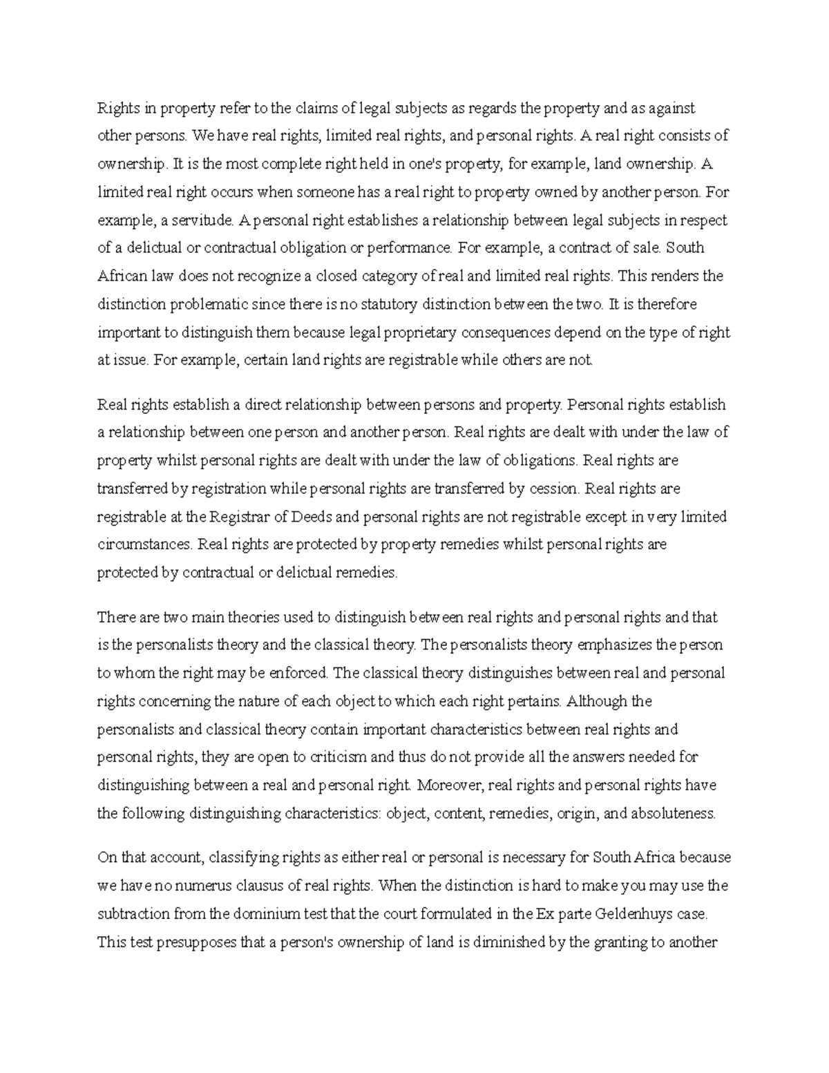 Real rights and personal rights - Rights in property refer to the ...