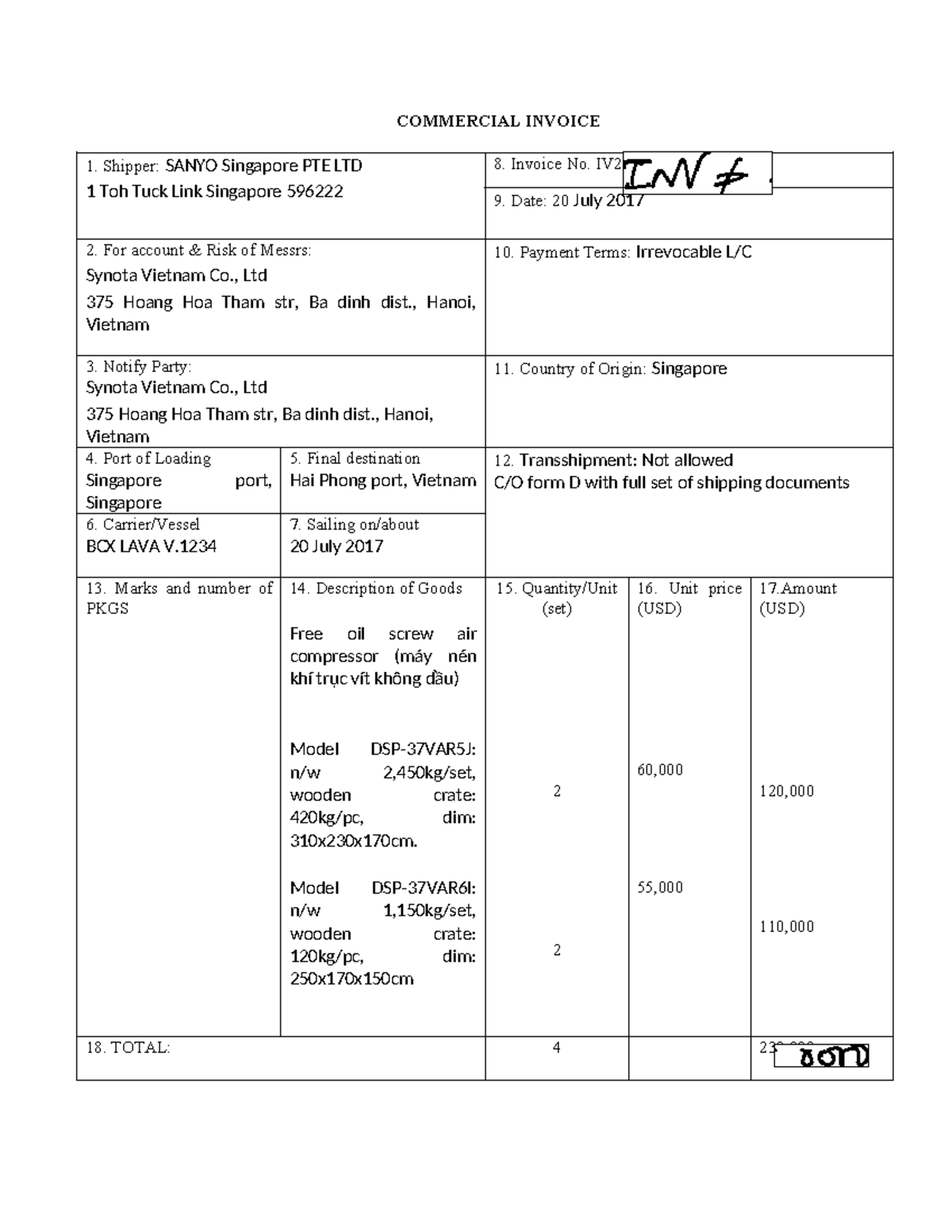 COMMERCIAL INVOICE - SANYO Singapore PTE LTD (IV2017072001) - Studocu