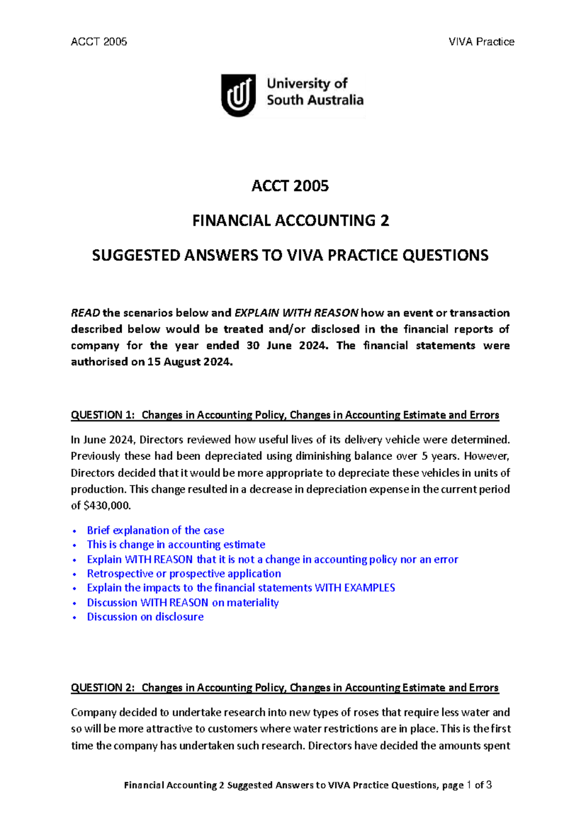 ACCT 2005 VIVA Practice Q&A: Financial Accounting 2 Marking Guide - Studocu