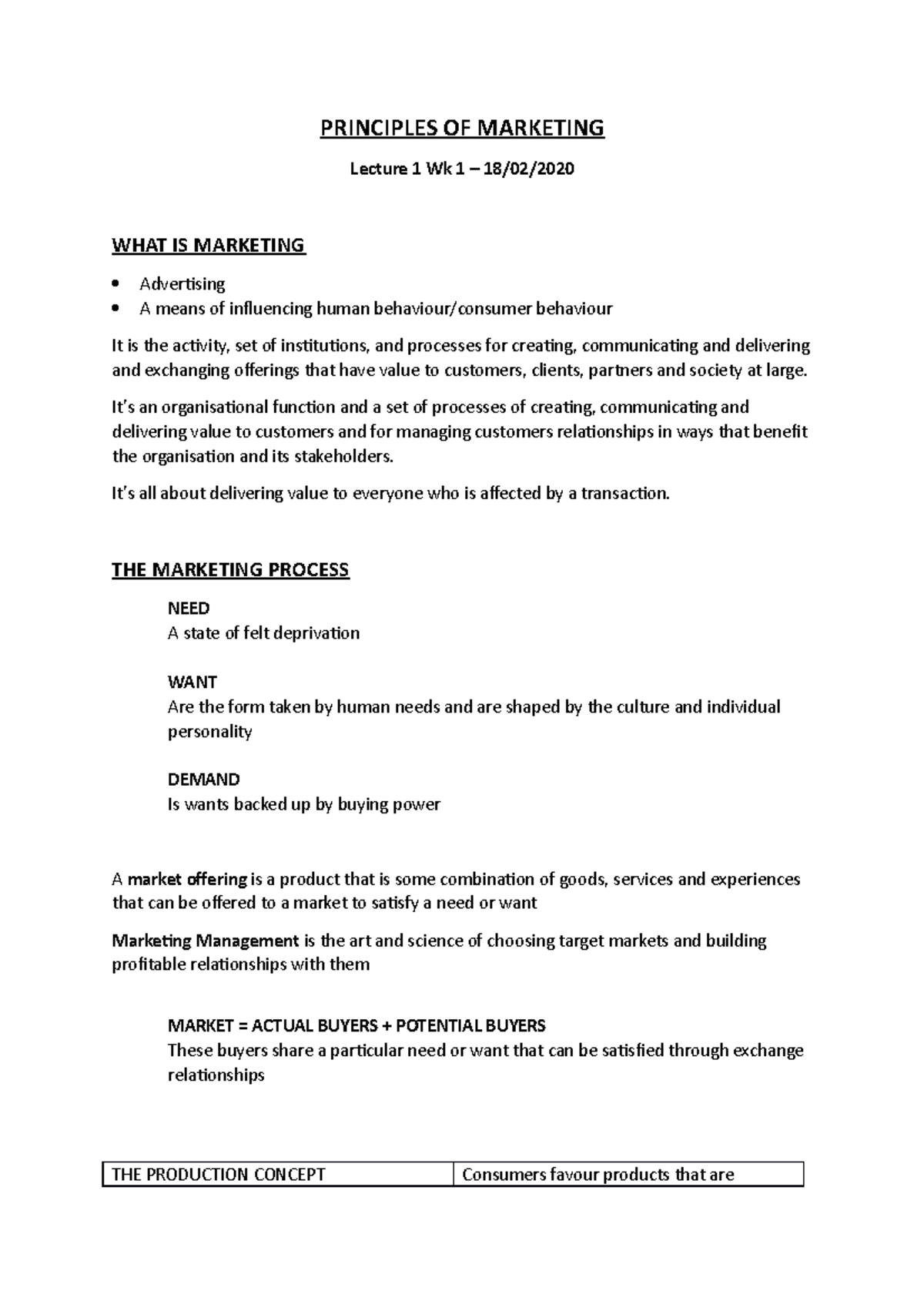 Marketing Notes - Lecture 1 - PRINCIPLES OF MARKETING Lecture 1 Wk 1 ...