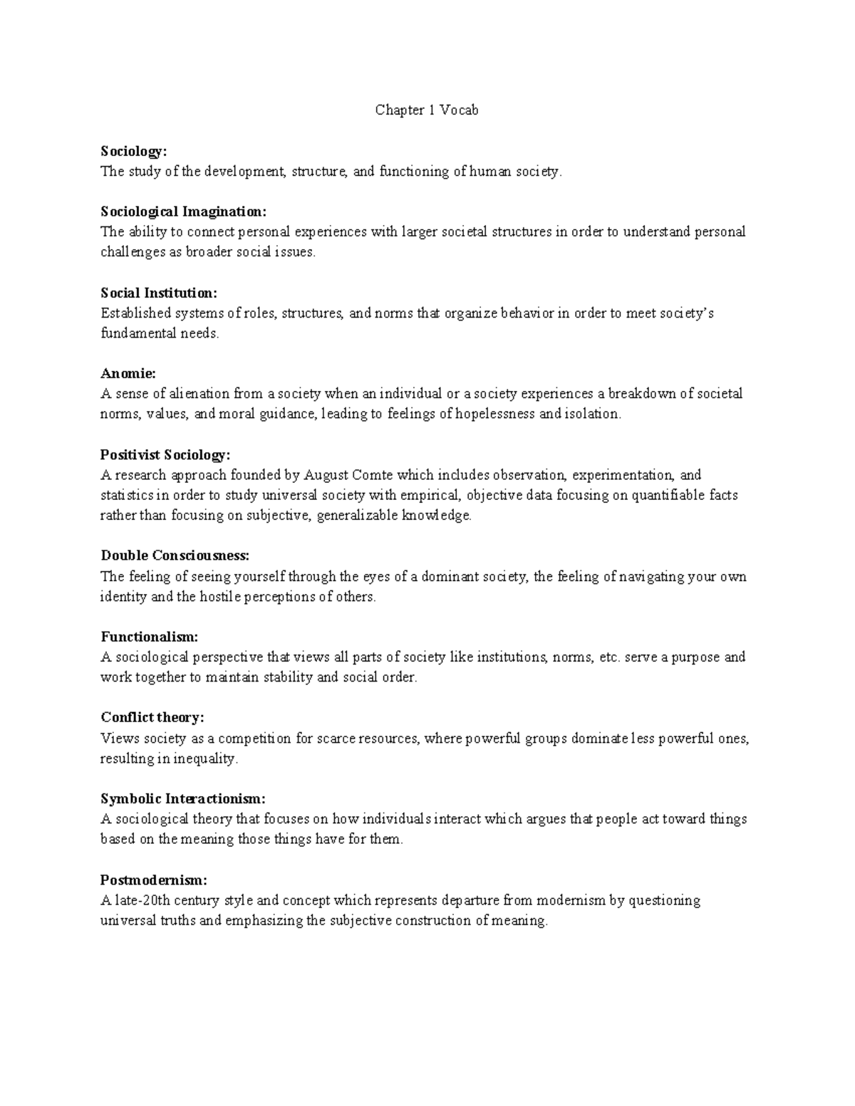 SOC 101 Chapter 1 Vocabulary: Key Concepts in Sociology - Studocu