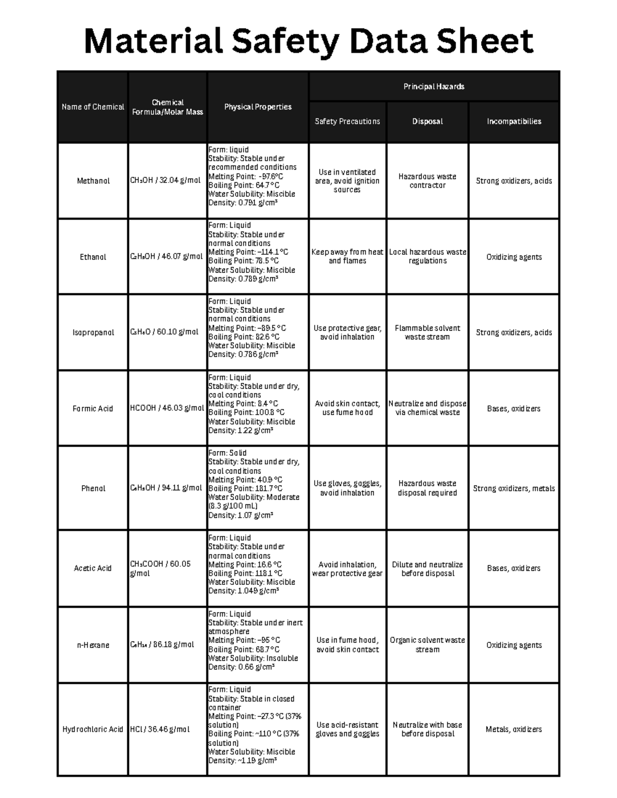 Material Safety Data Sheet (MSDS) for Common Chemicals - Studocu