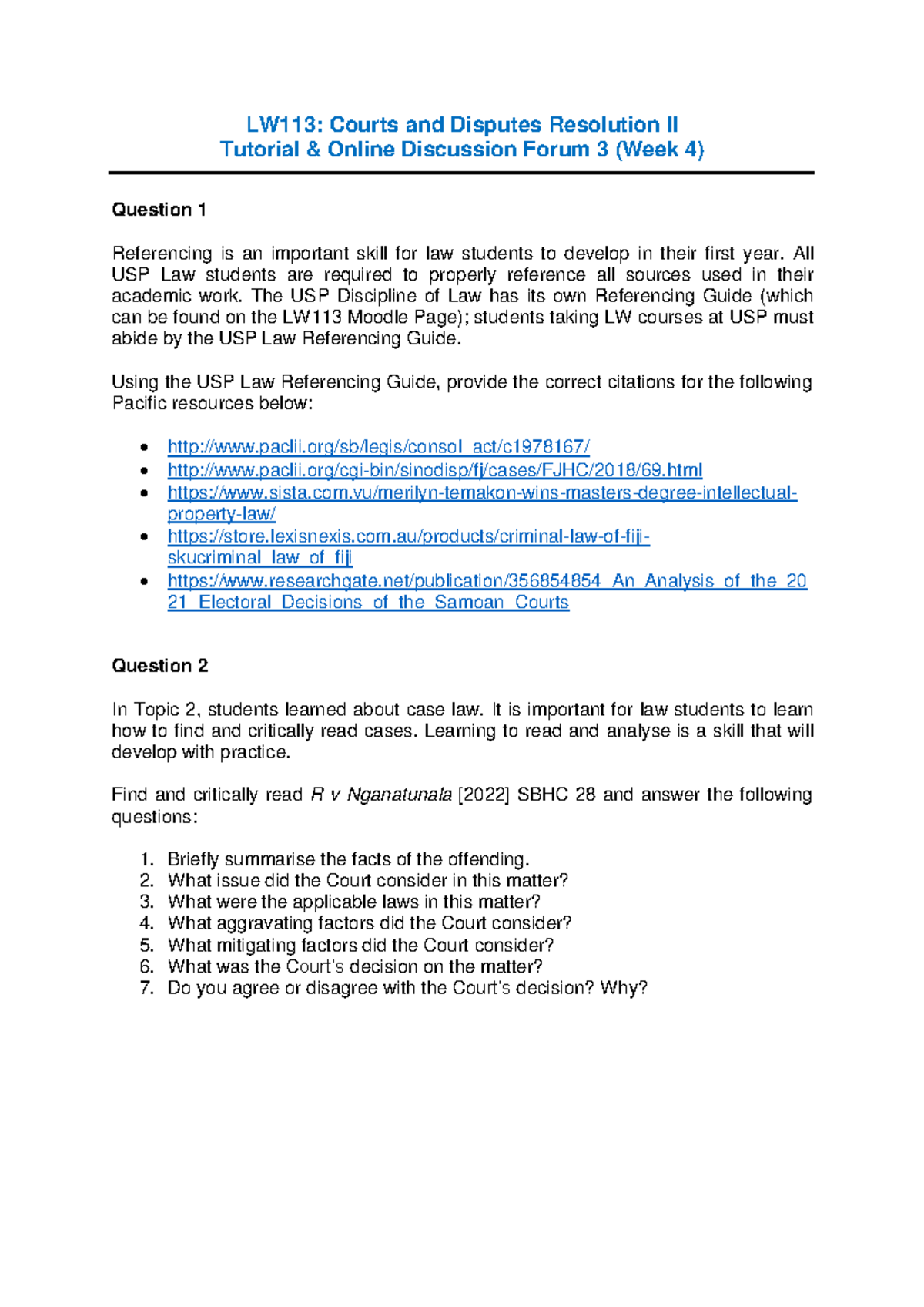 LW113: Week 4 Tutorial & Online Discussion Forum 3 on Referencing - Studocu