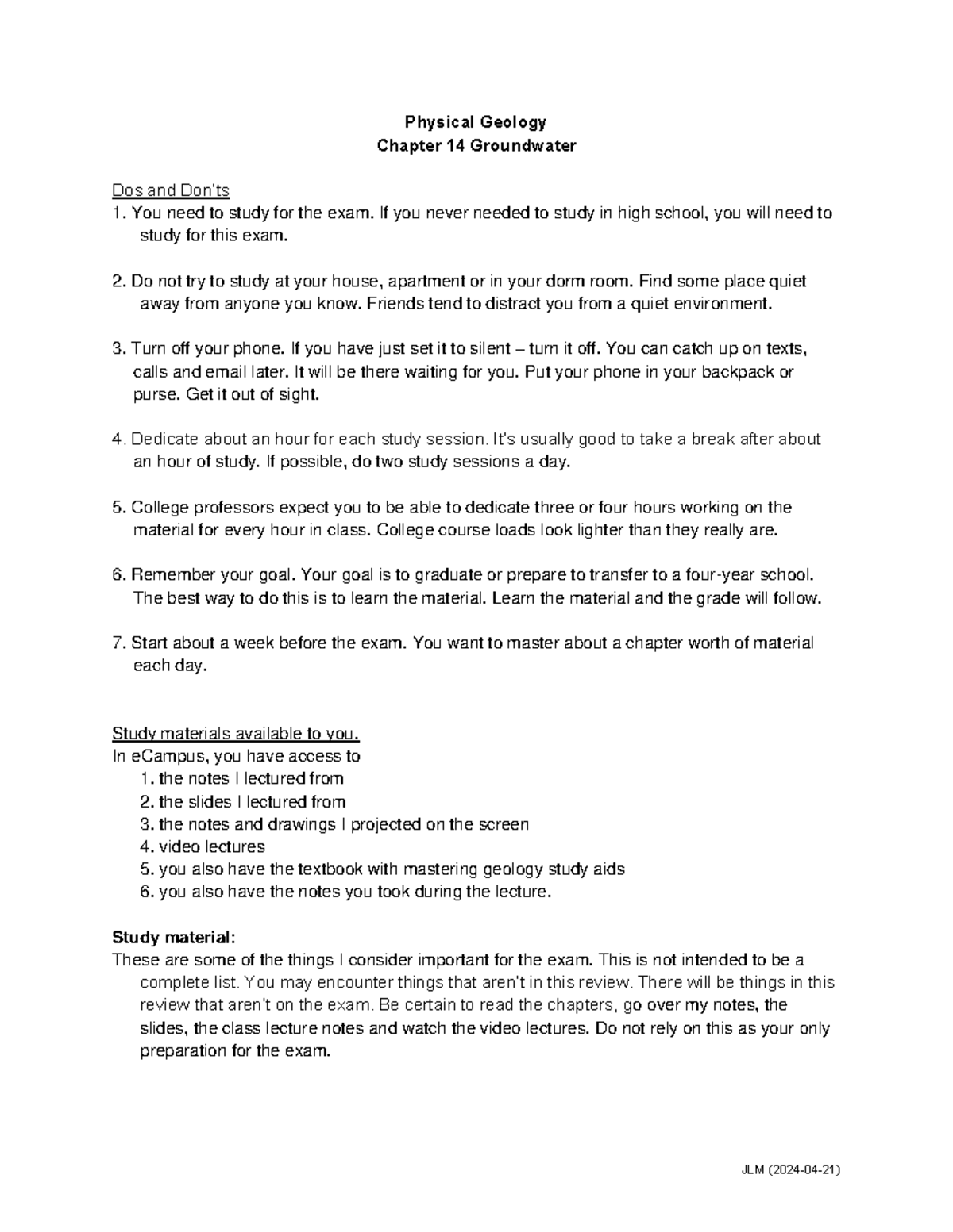 Final Exam Study Guide: JLM (202 4 - 04 - 21) - Chapter 14 Groundwater ...