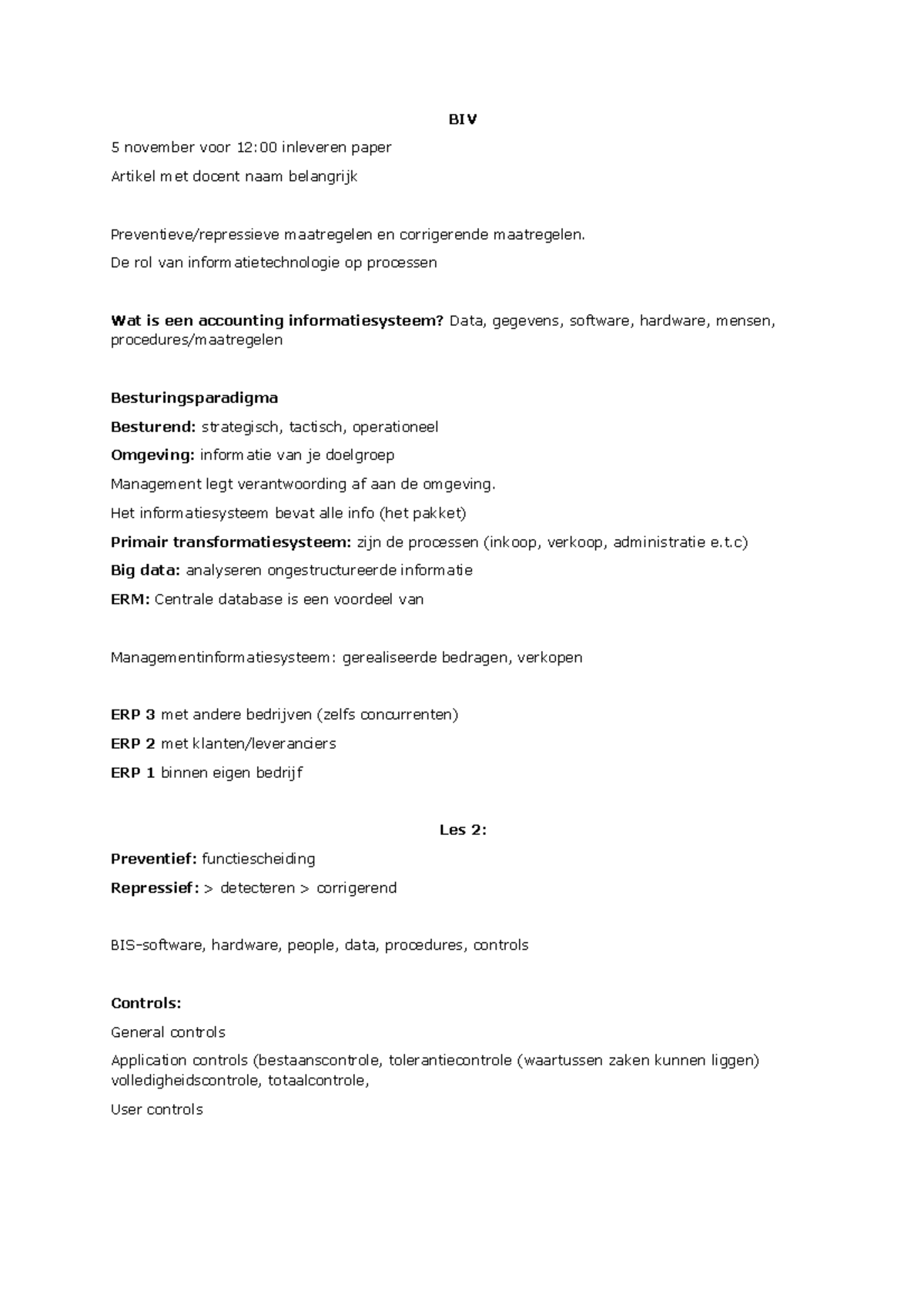 BIV-Les 2: Aantekeningen over Informatie Technologie en Procesbeheer ...
