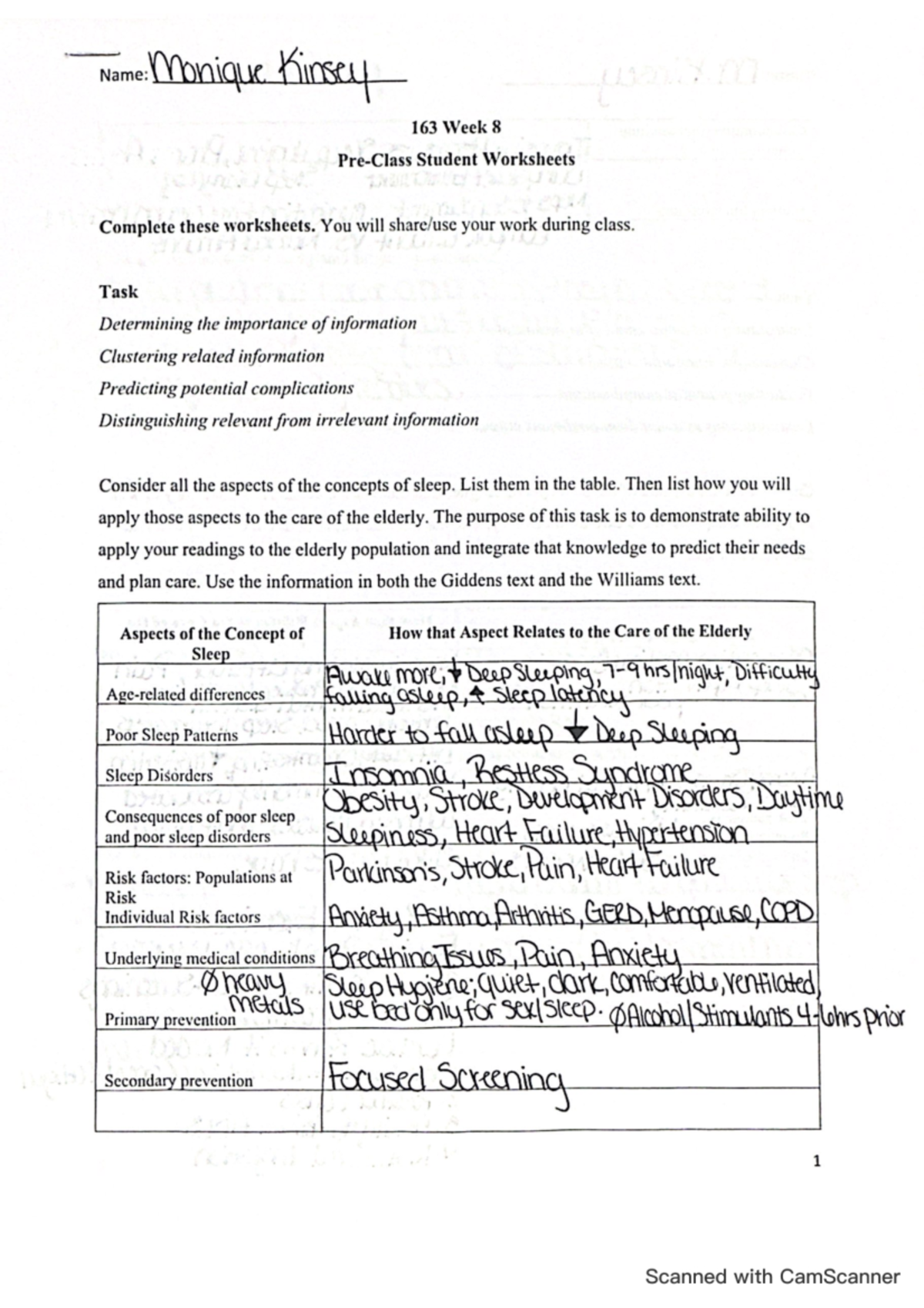 163 Week 8 Sleep and Fatigue Concepts: Worksheets & Applications - Studocu