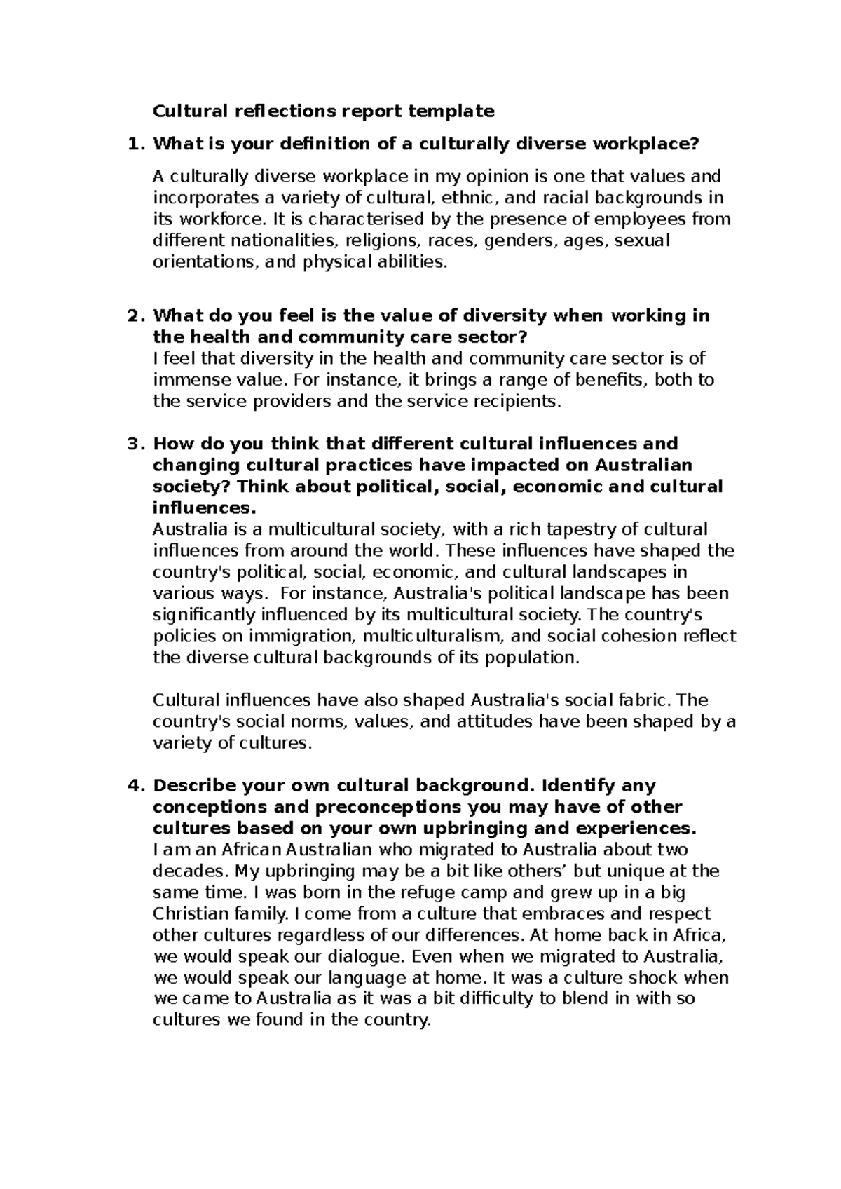 Cultural Reflections Report: Understanding Diversity in the Workplace ...