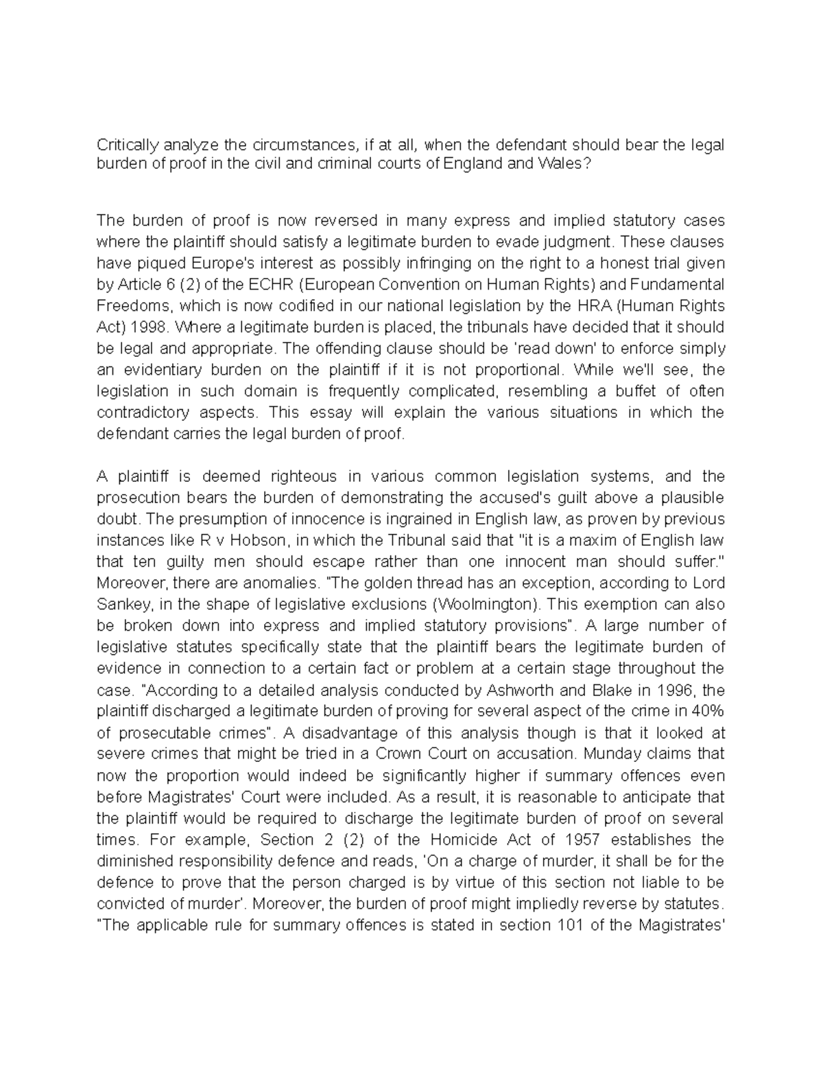 The Defendant's Burden of Proof in Civil & Criminal Law (Law 101) - Studocu