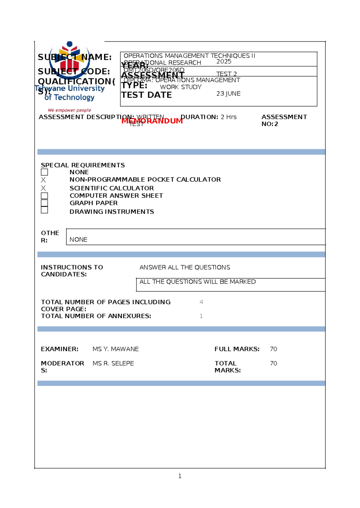 Test 2 Memorandum for Operations Management Techniques II (OPS 2025 ...