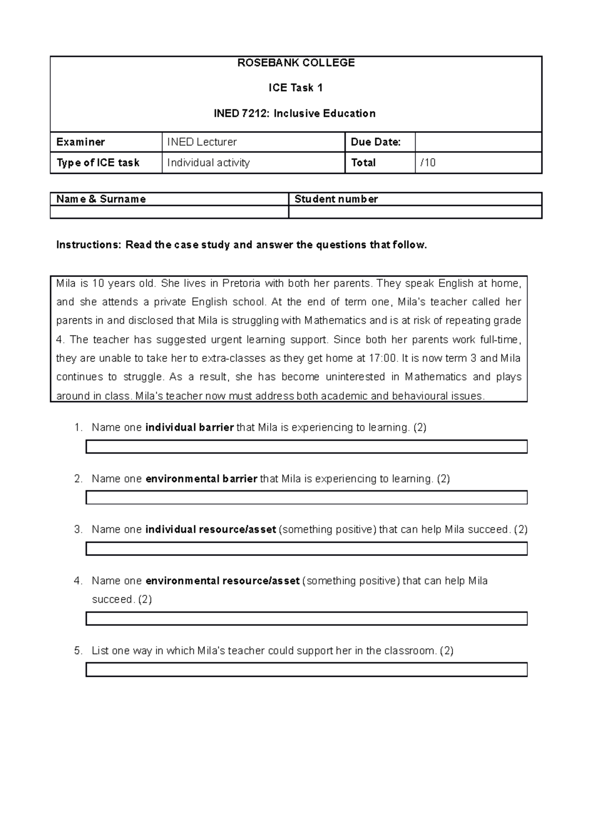 INED 7212 - ICE Task 1: Case Study on Mila's Learning Barriers - Studocu