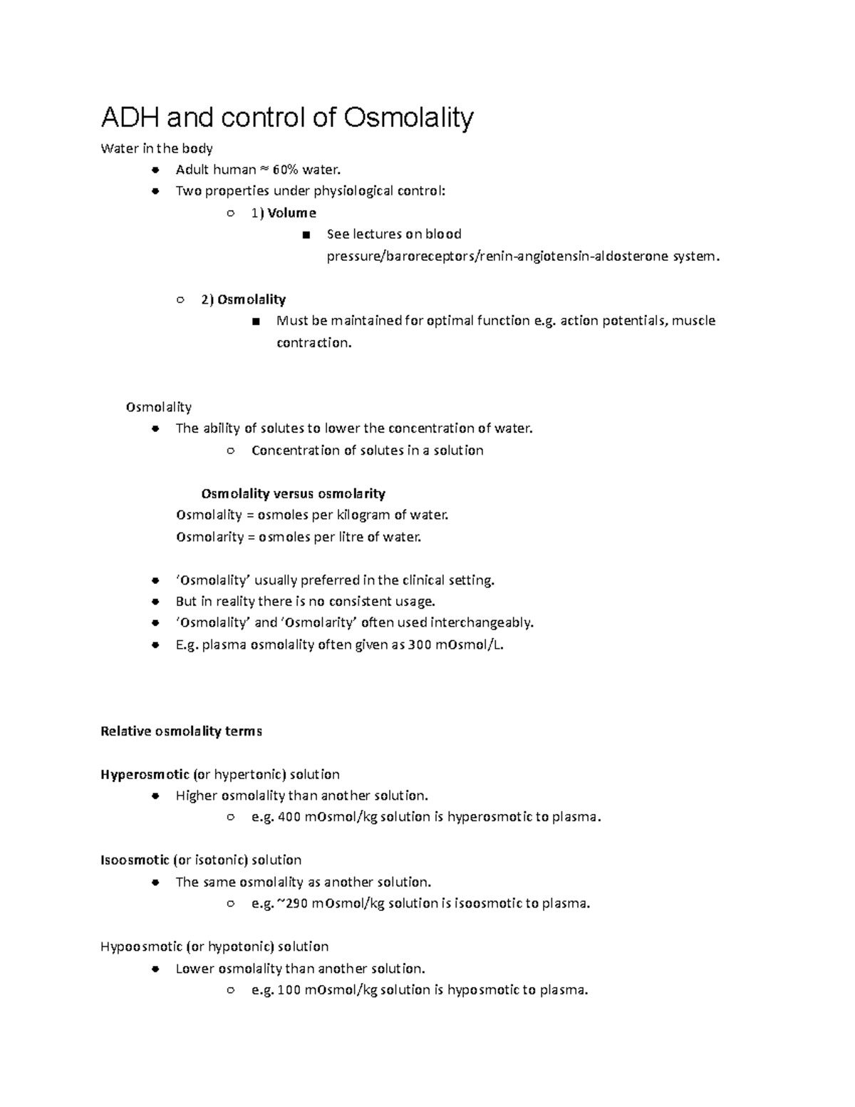 ADH and Osmolality Control: Lecture Notes for Physiology 101 - Studocu