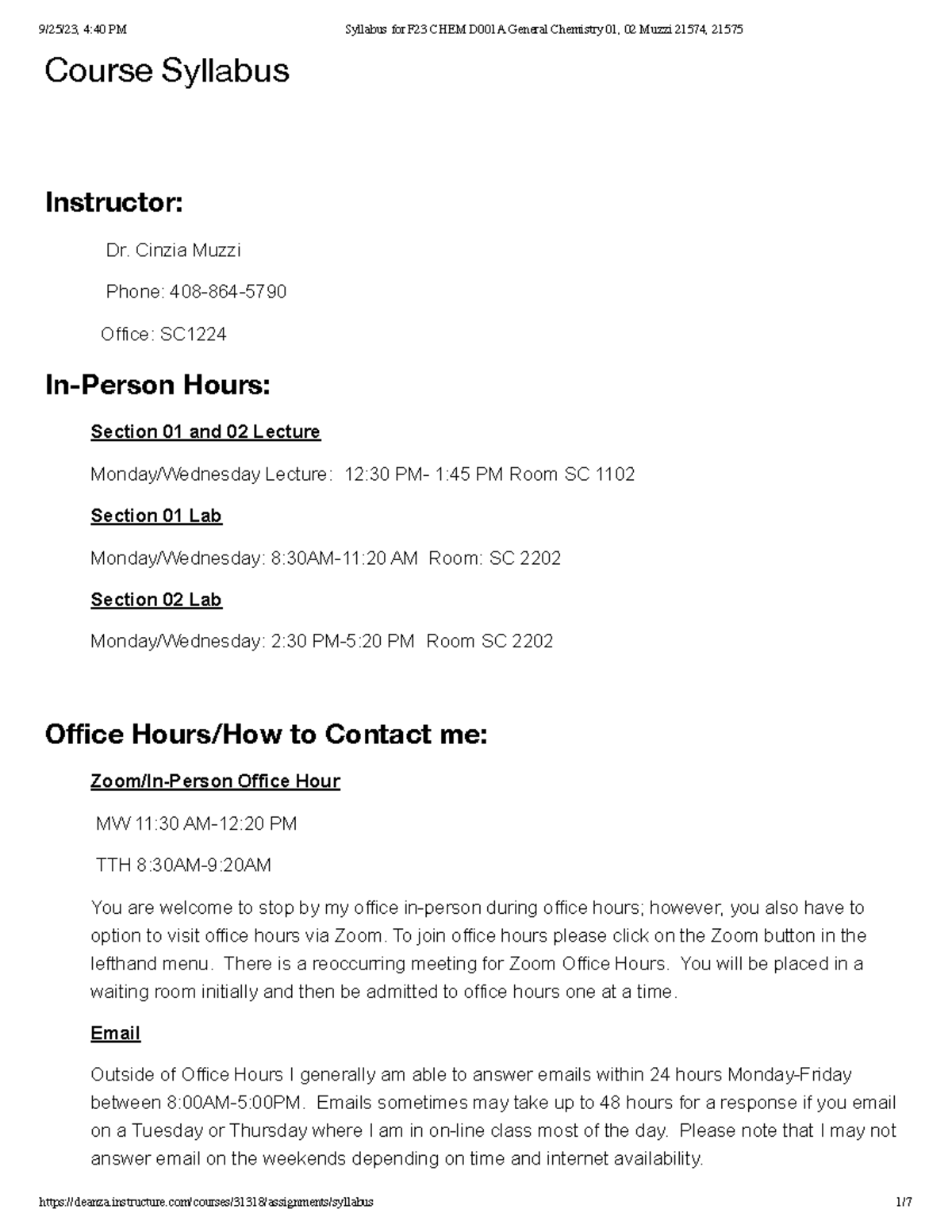 De Anza CHEM 1A Course Syllabus and Contact Information - Studocu
