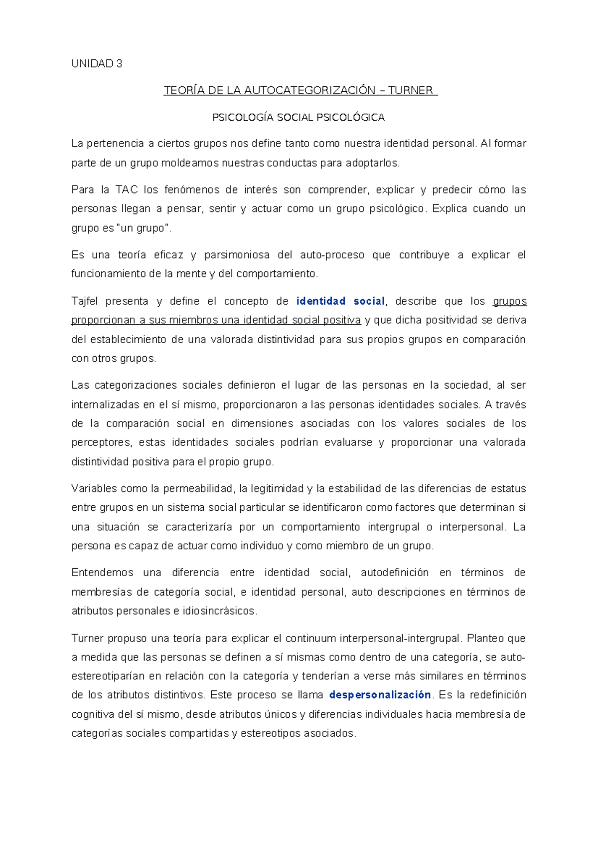 Unidad 3: Teoría de la Autocategorización y la Identidad Social en ...