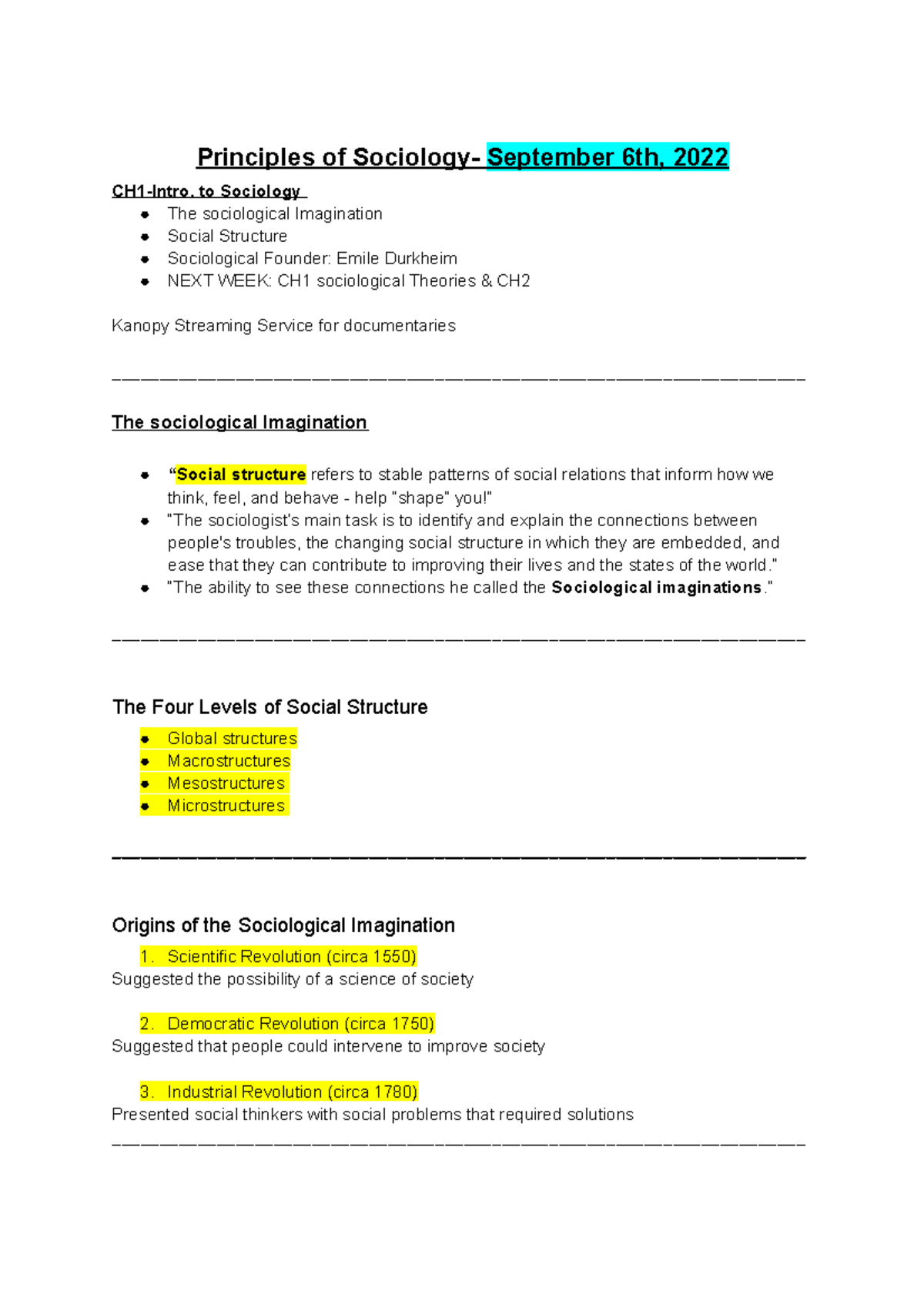 Principles of Sociology Notes - Principles of Sociology- September 6th ...
