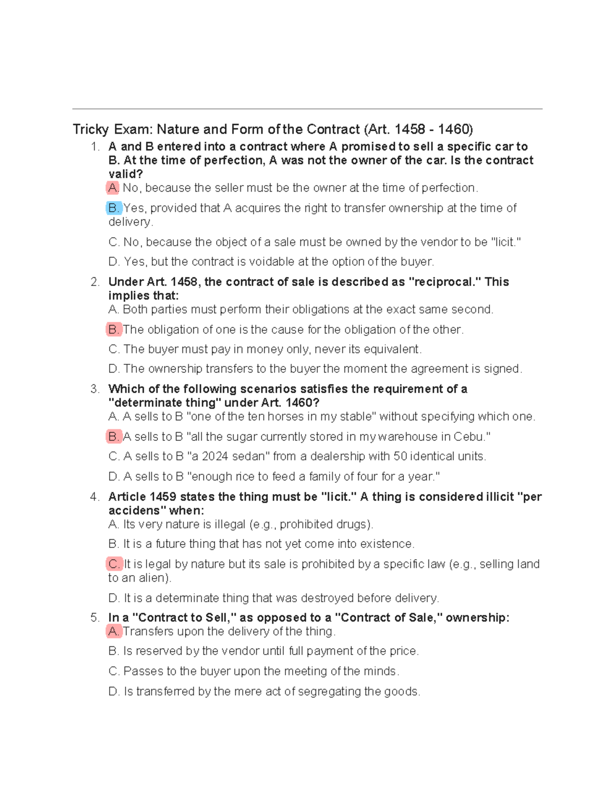Contract of Sale: Nature and Form (Art. 1458-1460) Exam Review - Studocu