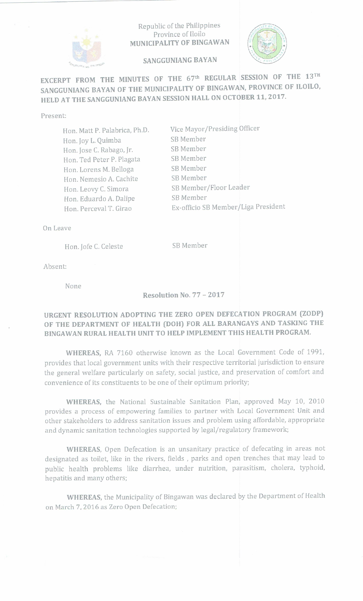 Resolution No. 77-2017: Adoption of Zero Open Defecation Program - Studocu
