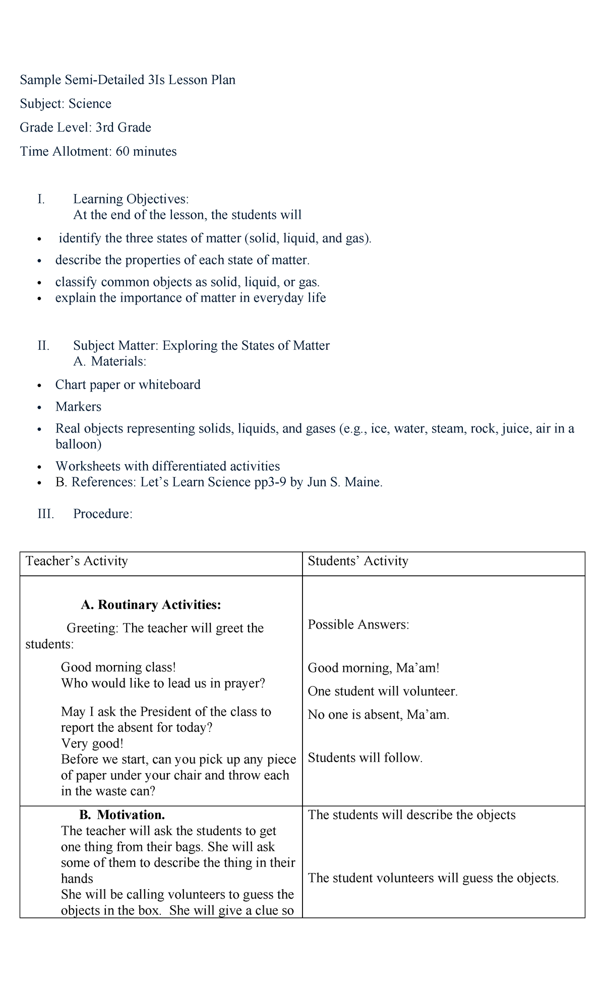 Sample Semi-Detailed Lesson Plan: 3Is on States of Matter - Studocu