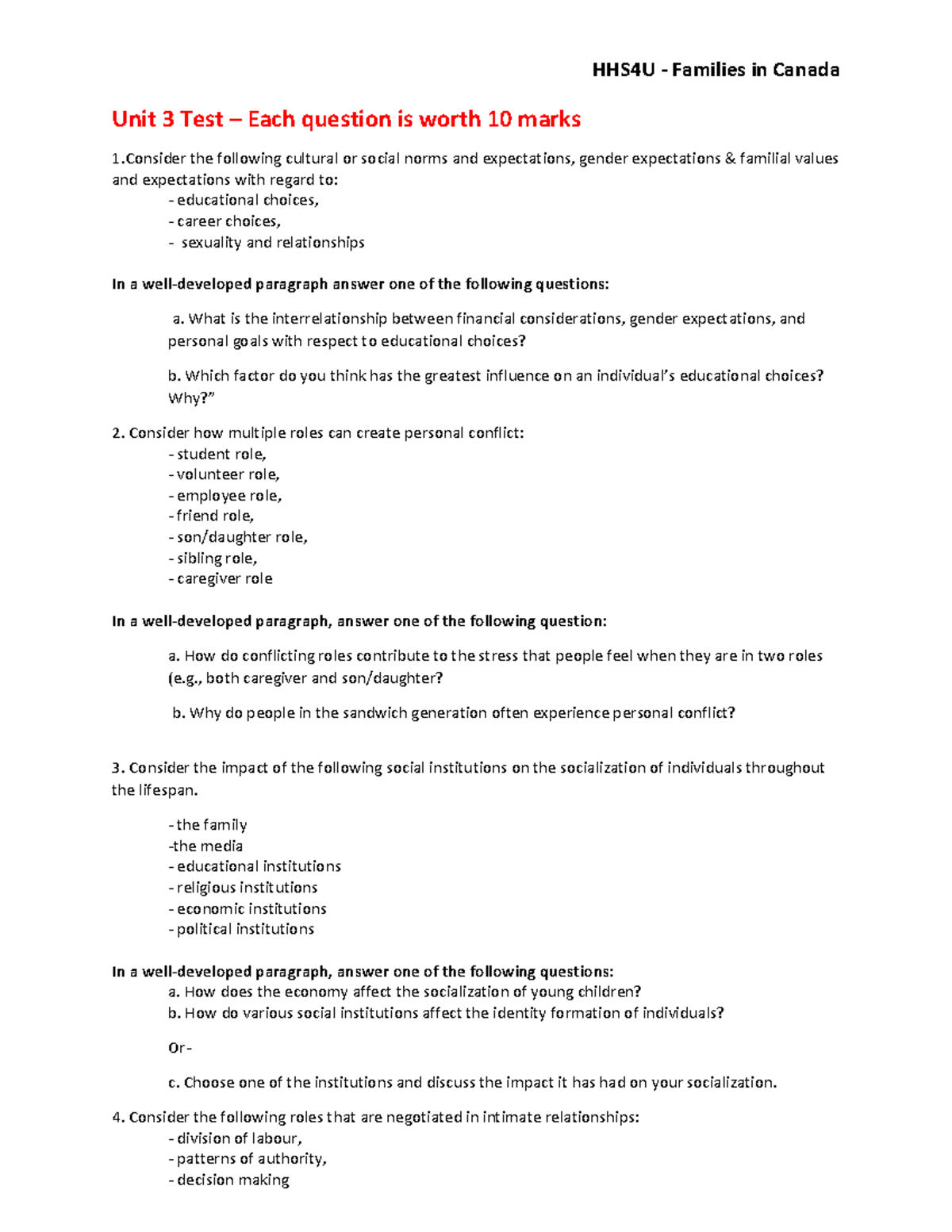 HHS4U Families in Canada - Unit 3 Test Review Questions - Studocu