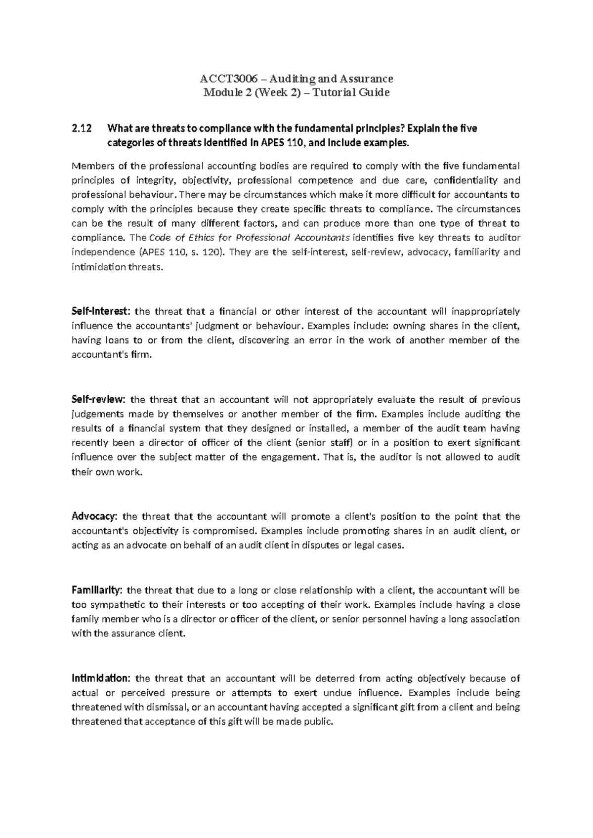 ACCT3006 Auditing & Assurance Module 2: Threats to Compliance & Auditor ...