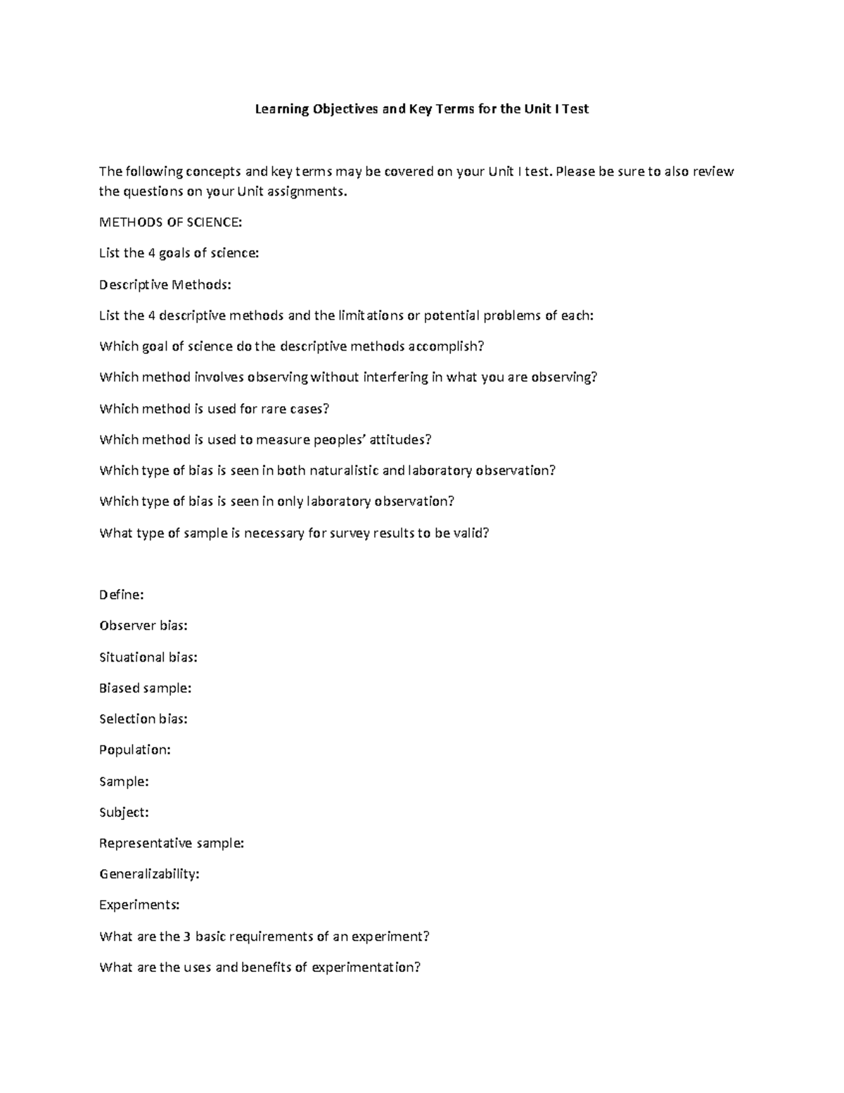 Unit I Test: Learning Objectives & Key Terms Overview - Studocu